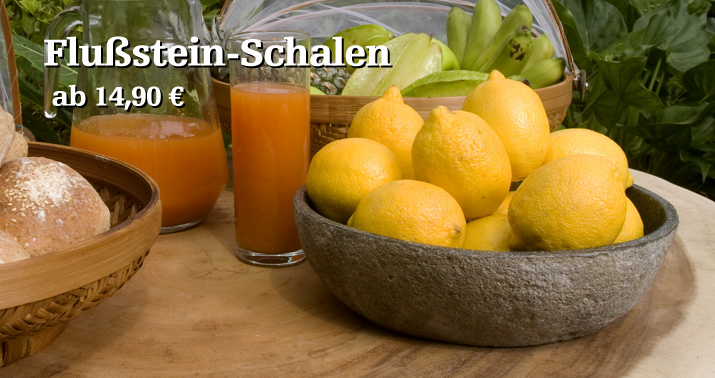 Flu&szlig;stein Schalen f&uuml;hren wohnfreuden.de  von 10 cm Durchmesser bis 40 cm Durchmesser, sowohl rundum poliert als auch au&szlig;en naturbelassen. Die Farbt&ouml;ne variieren von grau &uuml;ber rot, braun bis antrazit.