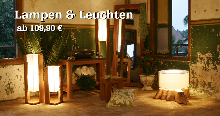 Lampen und Leuchten zumeist aus Teakholz mit Baumwollschirm in rot, wei&szlig; oder schwarz geben ein angenehm ruhiges Licht. Tischlampen und Stehlampen/ Standleuchten im Angebot