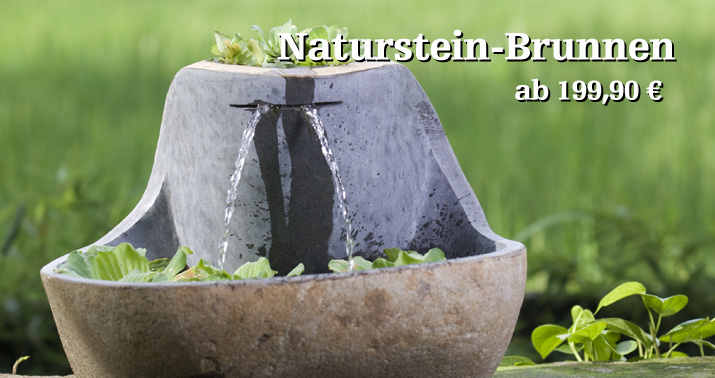 Naturstein Brunnen f&uuml;r Haus und Garten in cirka 50 cm Durchmesser. Wir f&uuml;hren zum einen den Frosch-Brunnen: Das Wasser flie&szlig;t von oben in ein Becken. Und einen Findlings-Brunnen, bei dem das Wasser &uuml;ber die Steine rind. Die passende Pumpe liefern wir dazu.