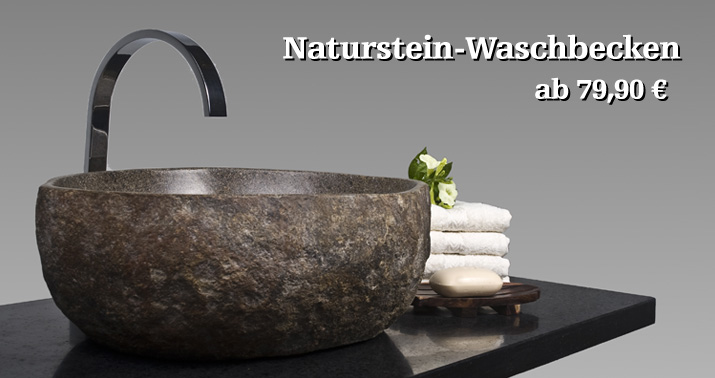 Urspr&uuml;ngliches Naturstein Waschbecken, cirka 40 cm Durchmesser rundum poliert oder au&szlig;en naturbelassen. Auch als Hand-Waschbecken im Durchmesser 30 cm erh&auml;ltlich. Die Farbt&ouml;ne variieren von grau &uuml;ber rot, braun bis antrazit. Passende Armatur und Siphon f&uuml;hren wir ebenfalls.