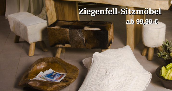 Sitzb&auml;nke und Hocker quatratisch oder rund mit Ziegenfell in wei&szlig;, schwarz oder braun. Auch in Ziegenleder wei&szlig; oder schwarz erh&auml;ltlich.