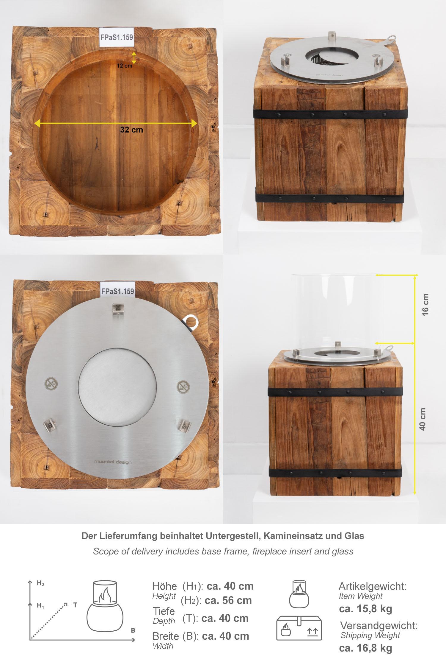 Ethanol Kamin mit recycelten Teakholz Sockel rustikal Größe S FPaS1.159