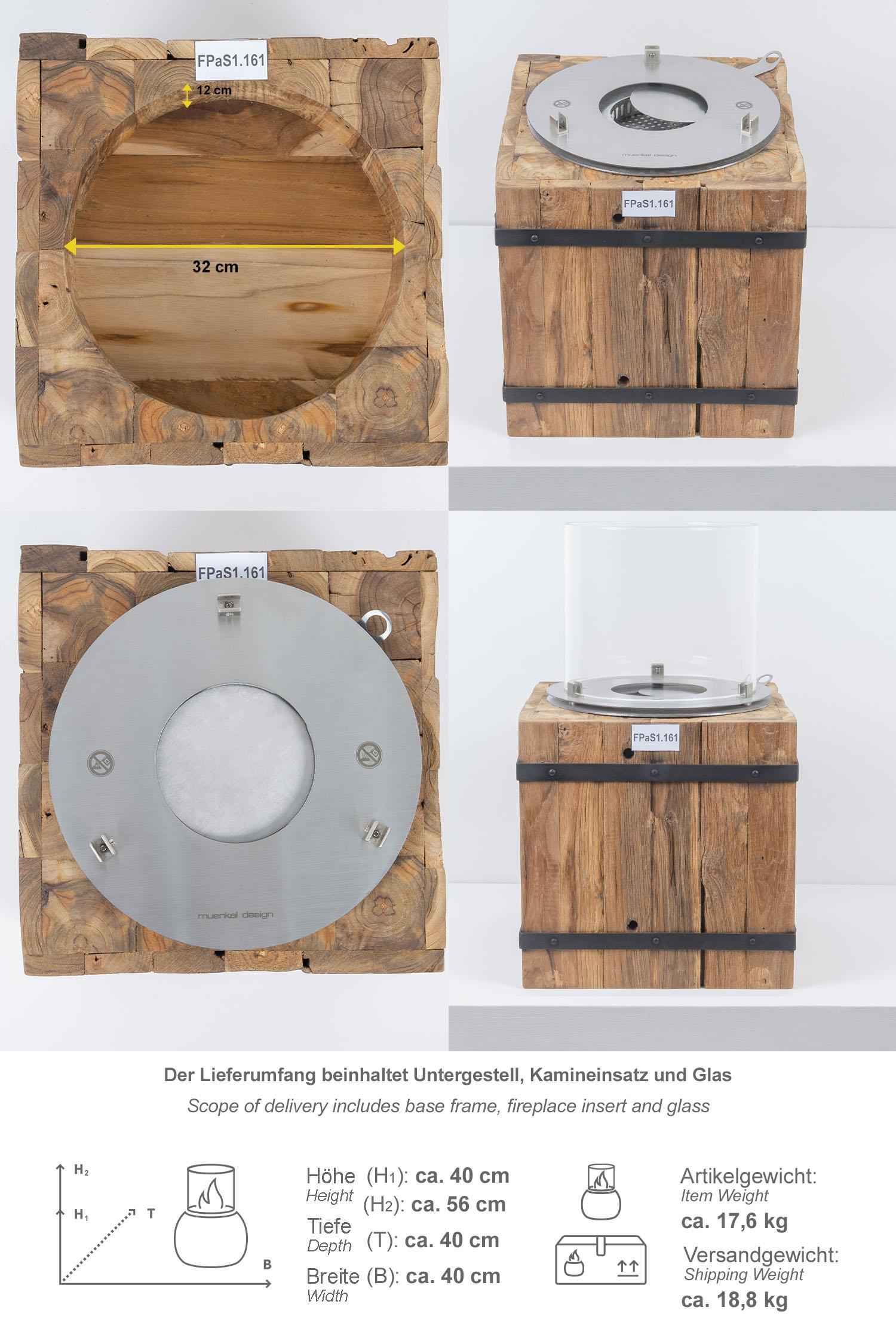 Ethanol Kamin mit recycelten Teakholz Sockel rustikal Größe S
FPaS1.161