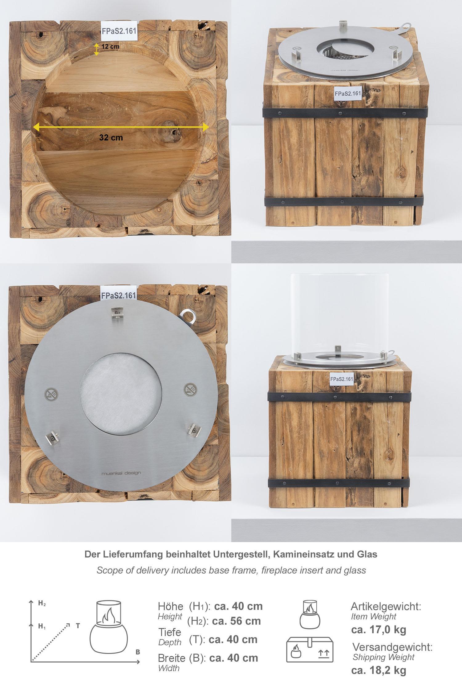 Ethanol Kamin mit recycelten Teakholz Sockel rustikal Größe S
FPaS2.161