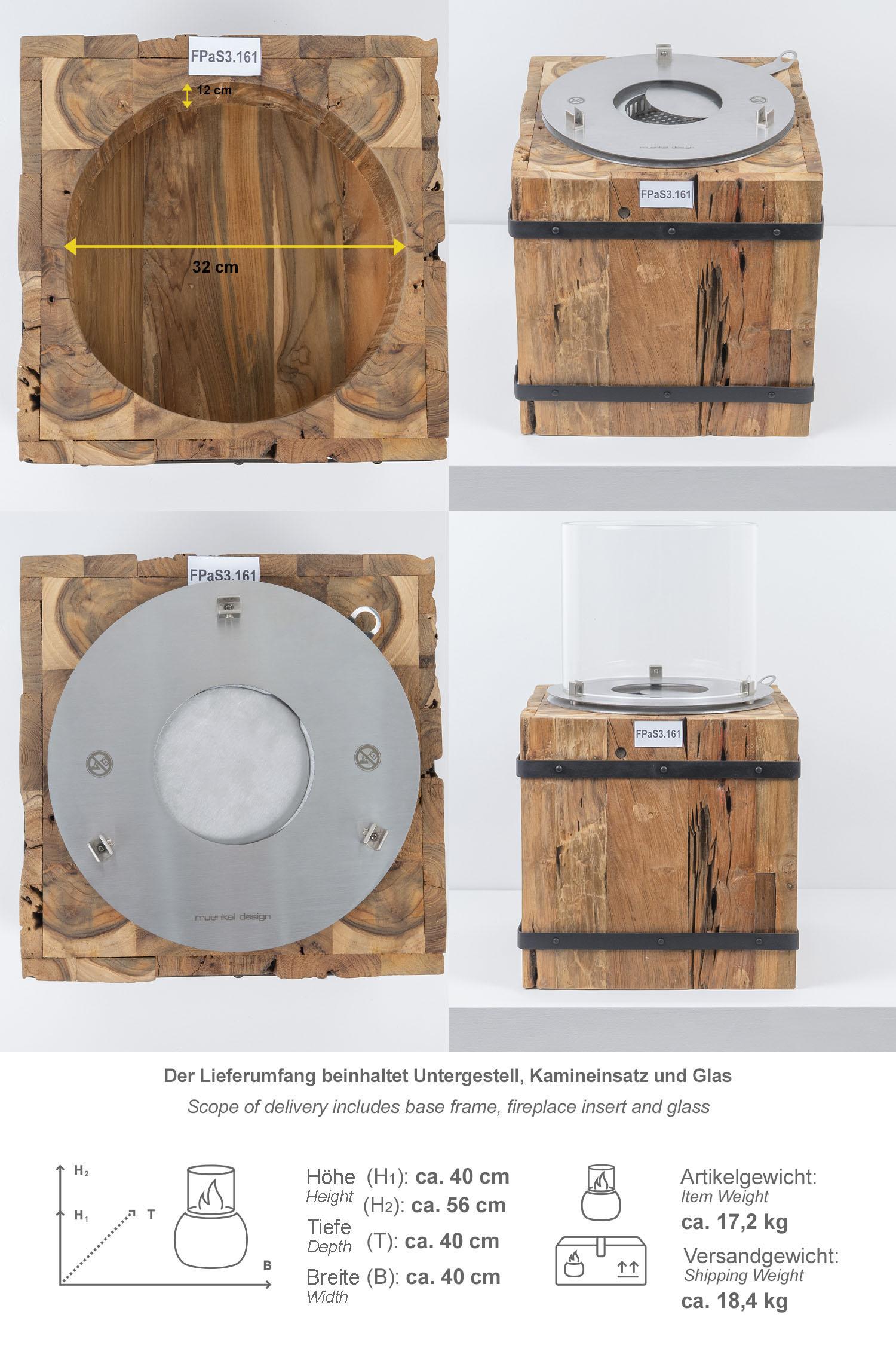 Ethanol Kamin mit recycelten Teakholz Sockel rustikal Größe S
FPaS3.161