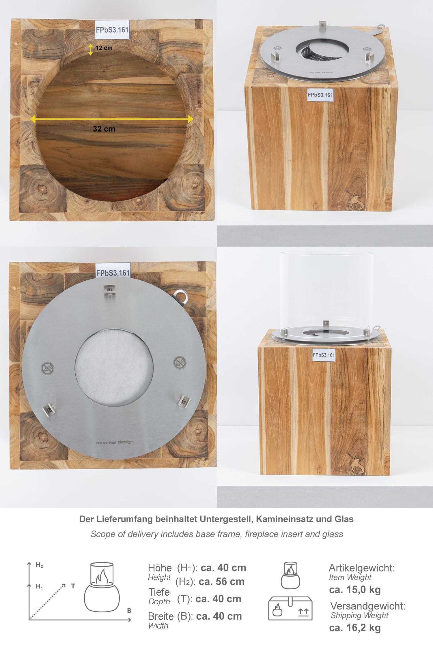 Ethanol Kamin mit Teakholz Sockel geschliffen Größe S
FPbS3.161