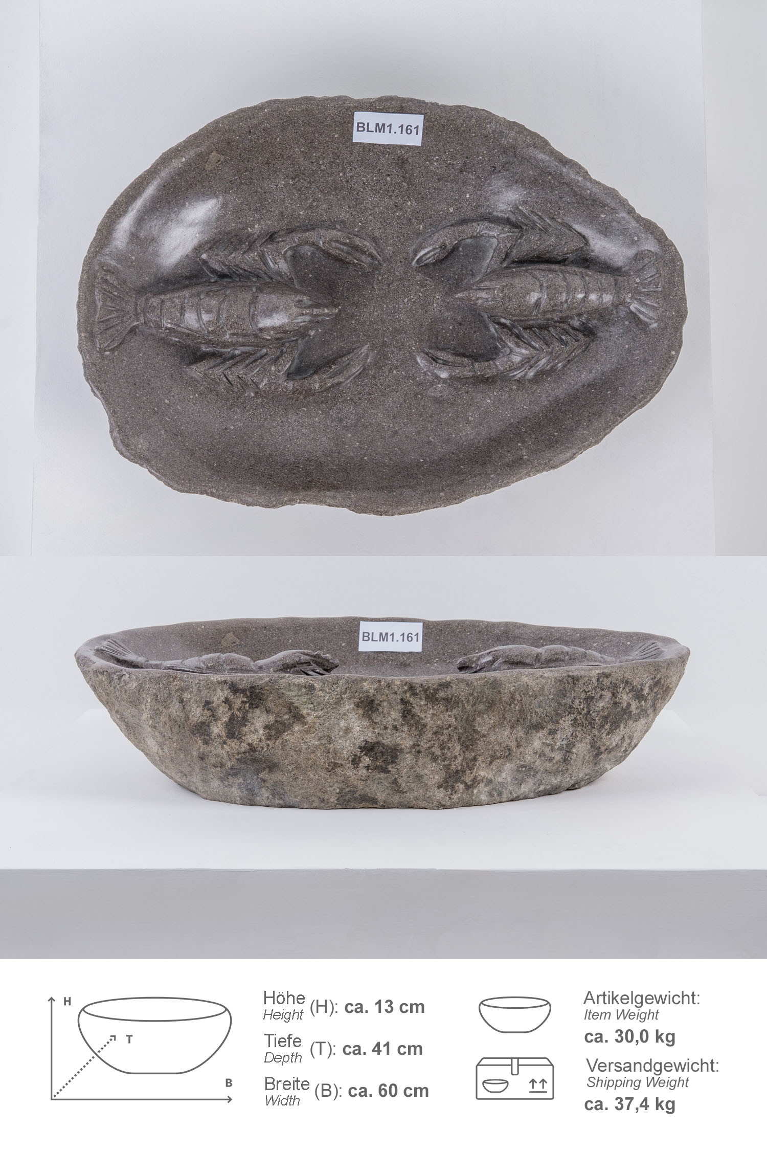 Naturstein Vogeltränke Wasserschale 60 cm Krebs mit Naturkante BLM1.161