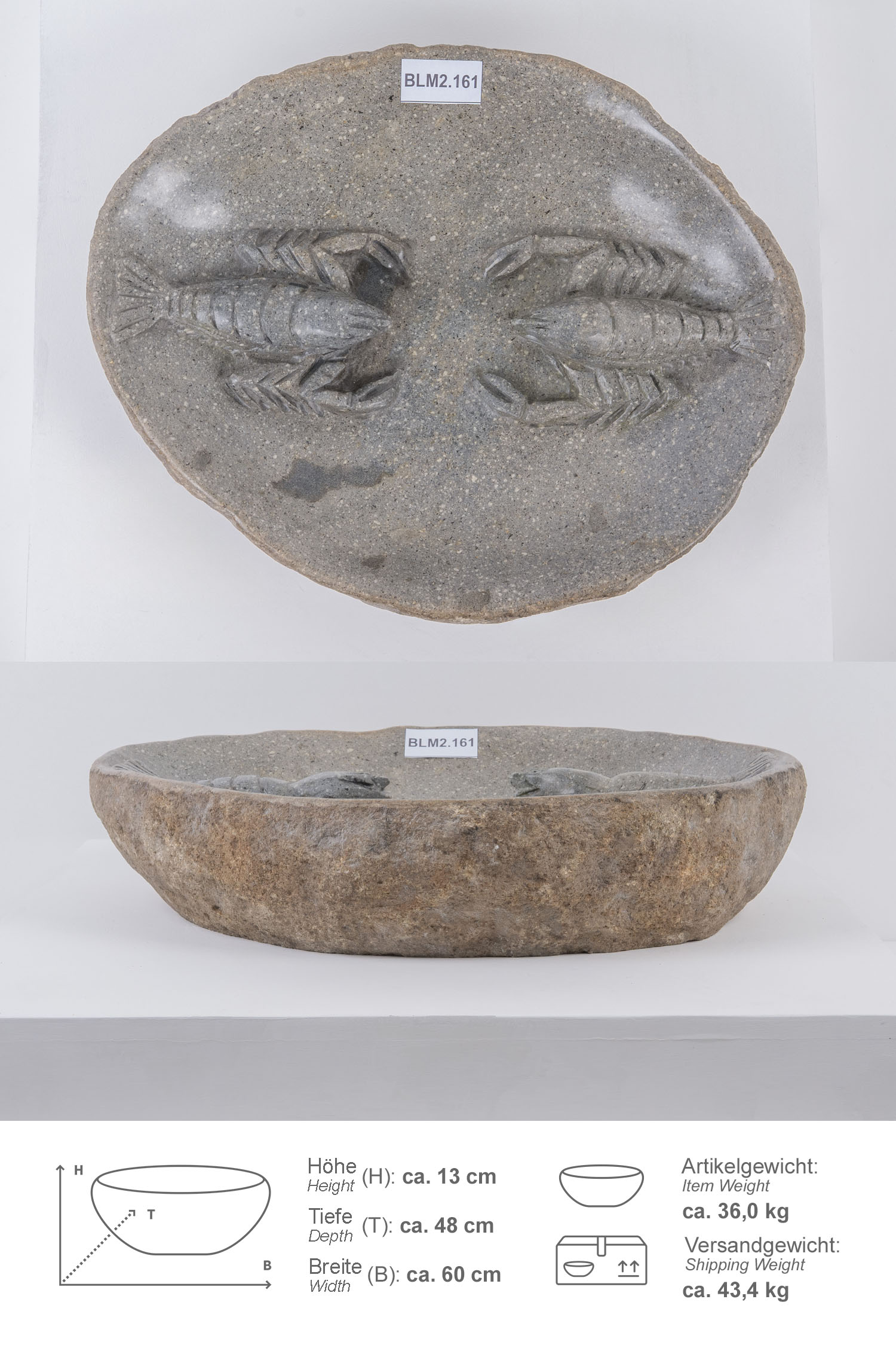Naturstein Vogeltränke Wasserschale 60 cm Krebs mit Naturkante
BLM2.161