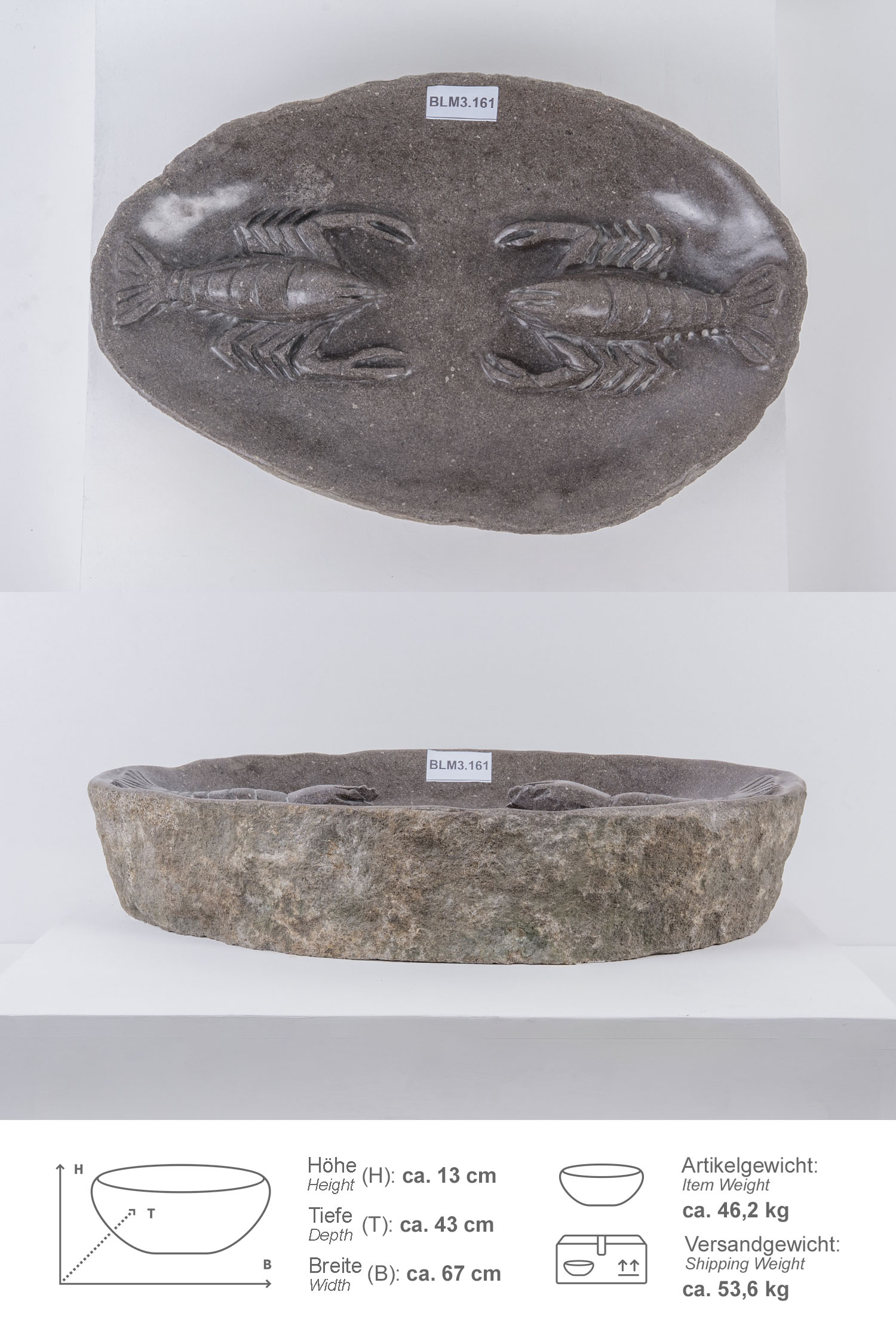 Naturstein Vogeltränke Wasserschale 60 cm Krebs mit Naturkante
BLM3.161