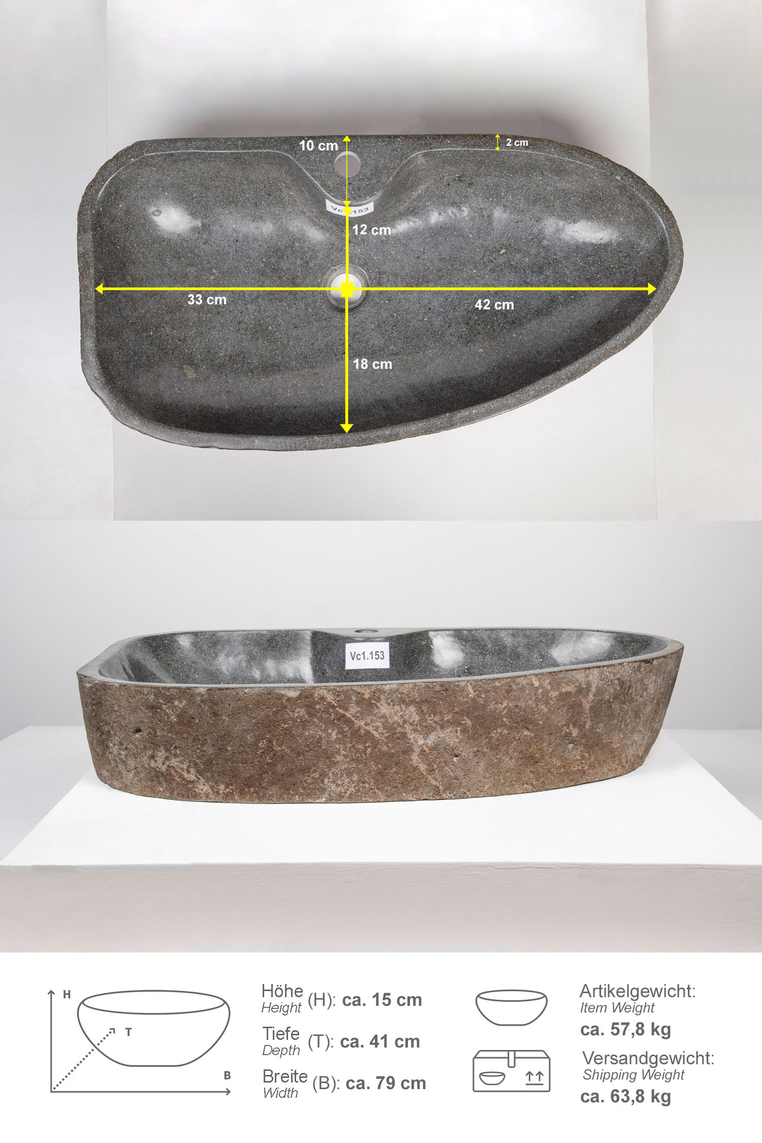 Naturstein Waschbecken 80 cm mit Hahnloch
Vc1.153