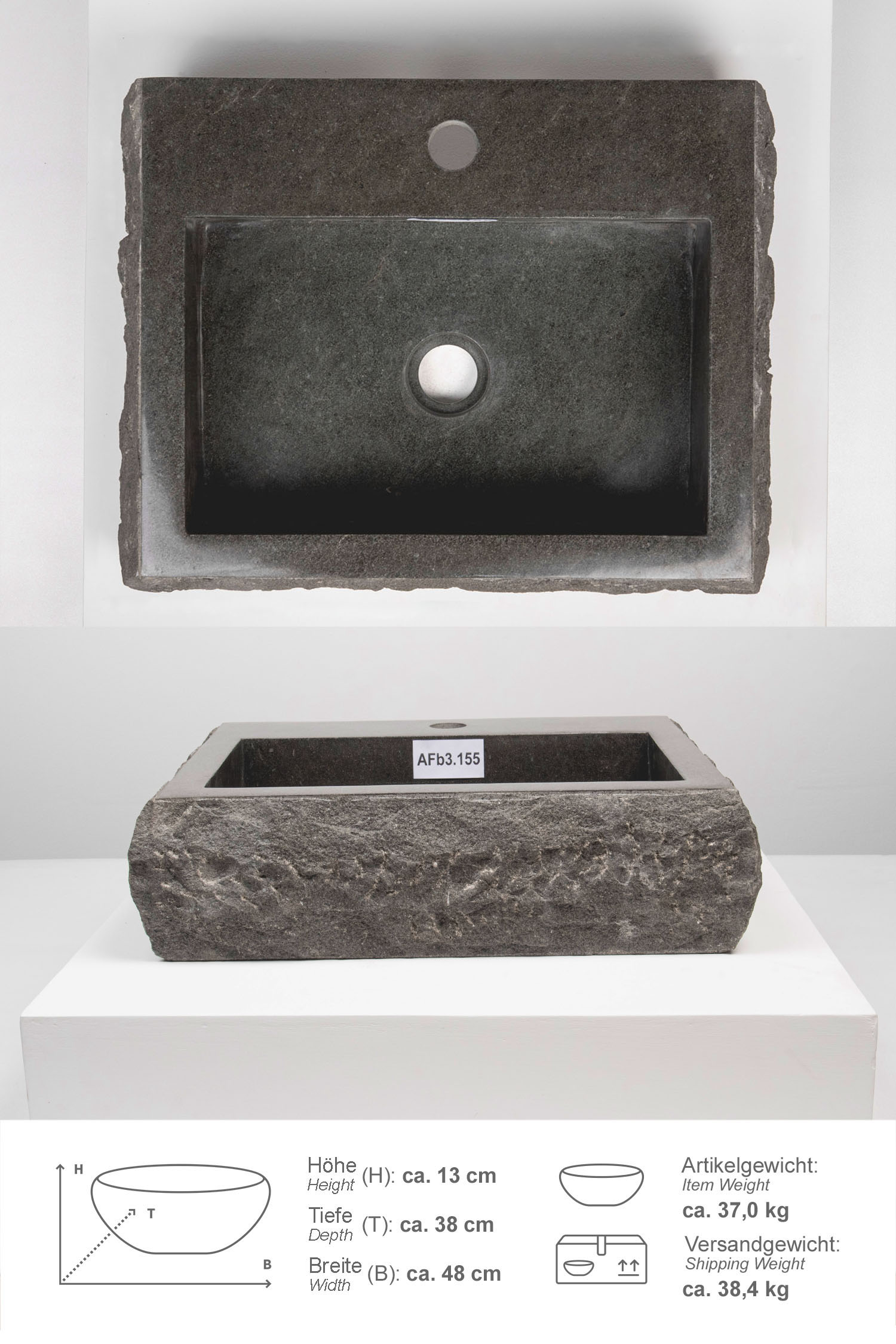 Andesit Steinwaschbecken anthrazit außen gehämmert Afb3.155