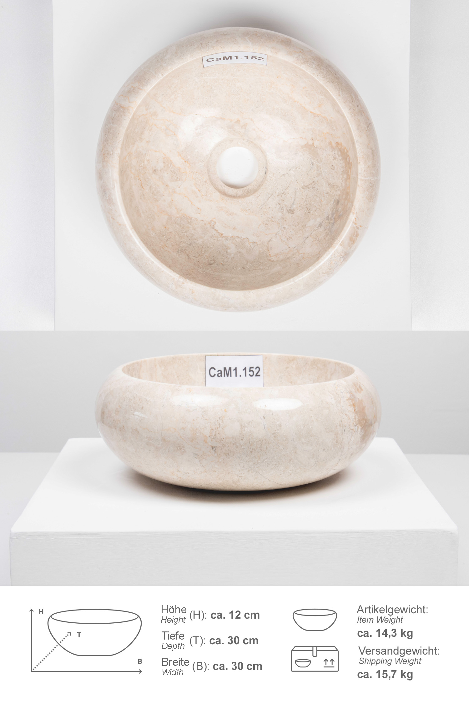 Marmor Waschbecken Asbak mini 30 cm poliert creme CaM1.152