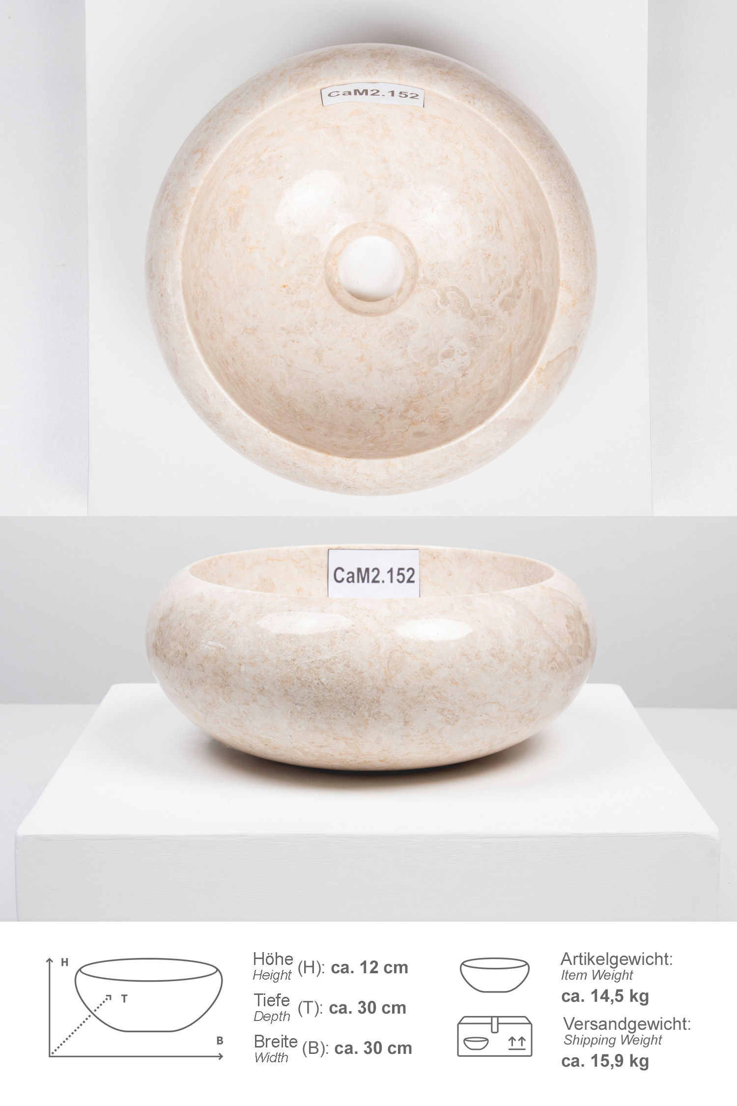 Marmor Waschbecken Asbak mini 30 cm poliert creme 
CaM2.152