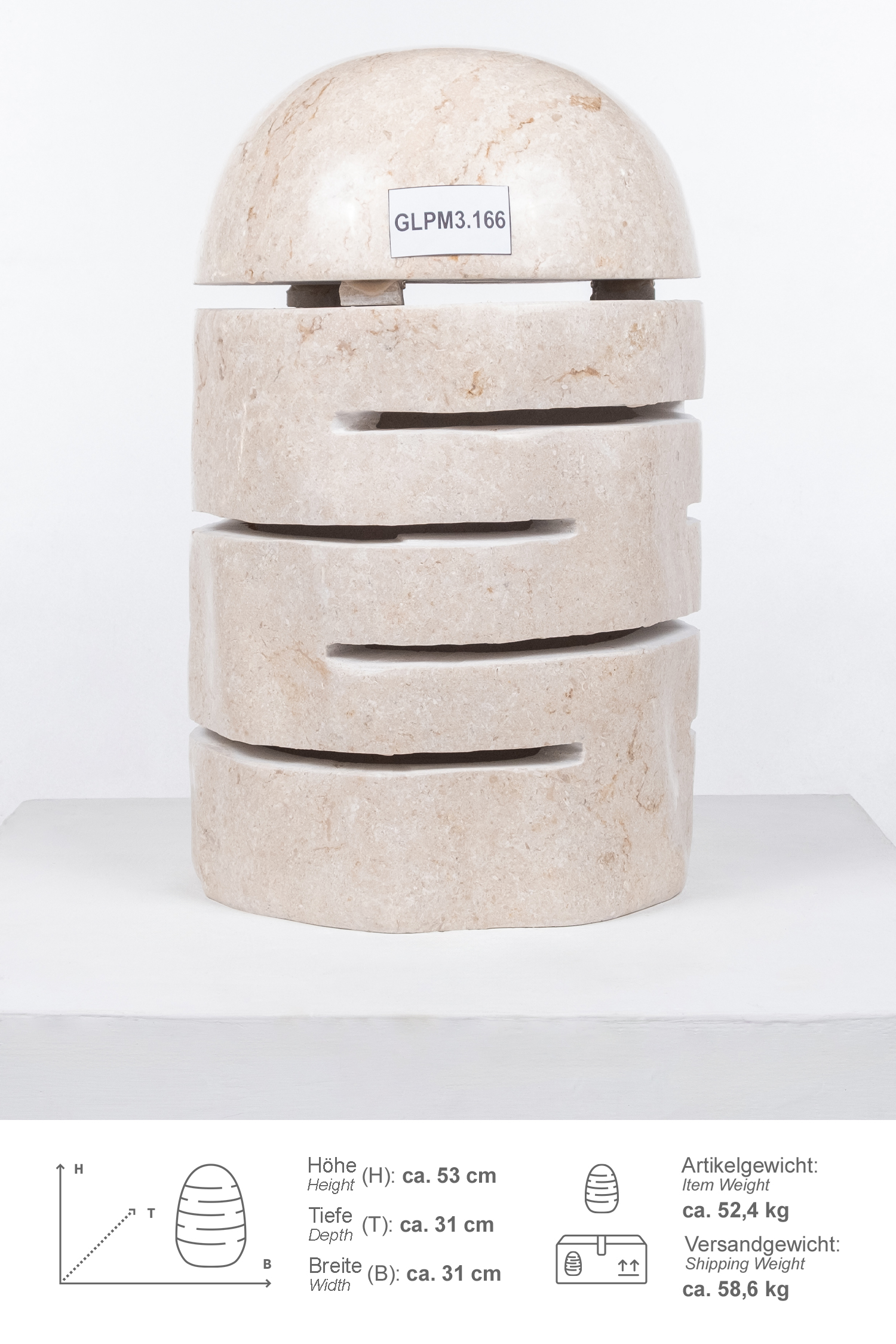 Marmor Gartenlampe creme poliert 50 cm Größe M
GLPM3.166