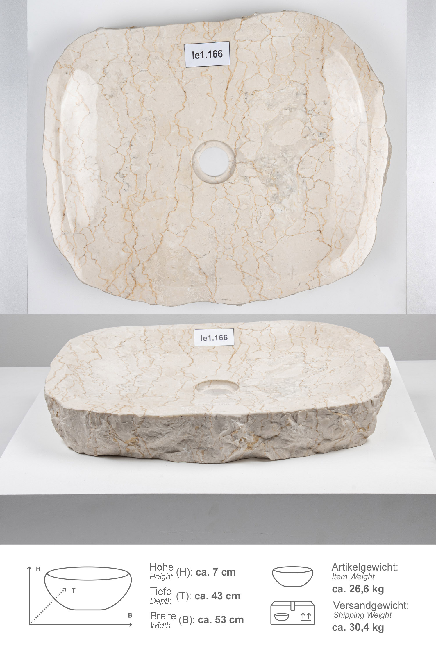 Erosi Marmor Waschbecken extraflach 50 cm creme Ie1.166