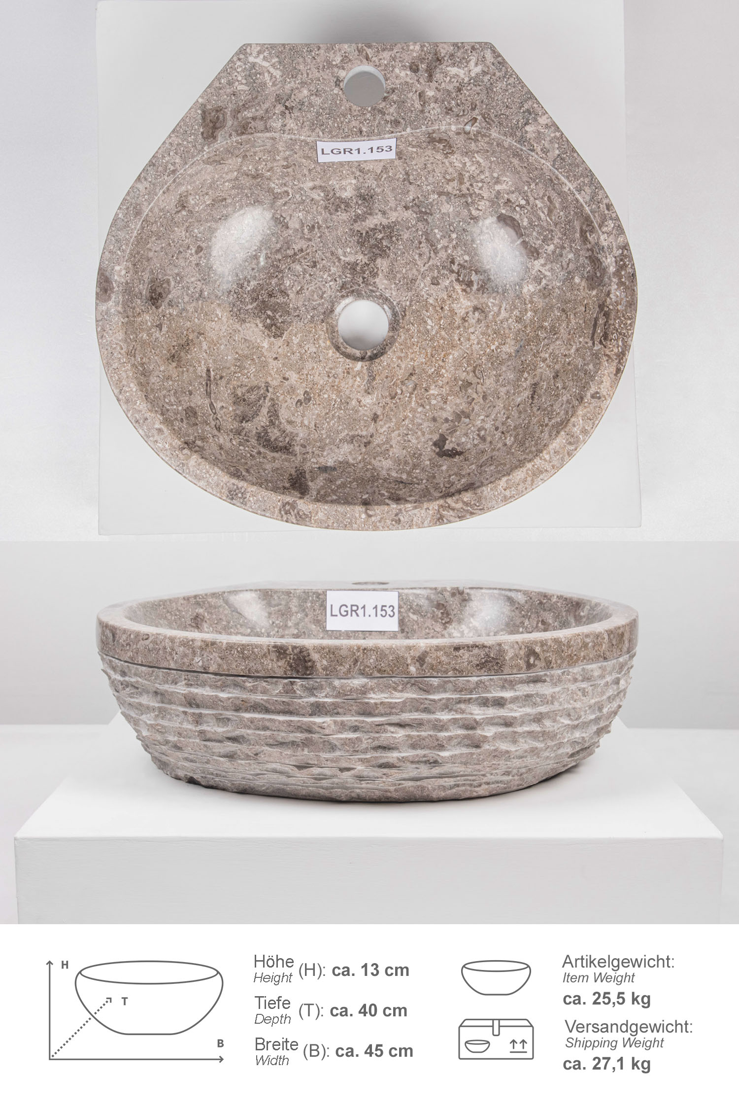 Marmor Steinwaschbecken TMO 45 cm rund grau
LGR1.153