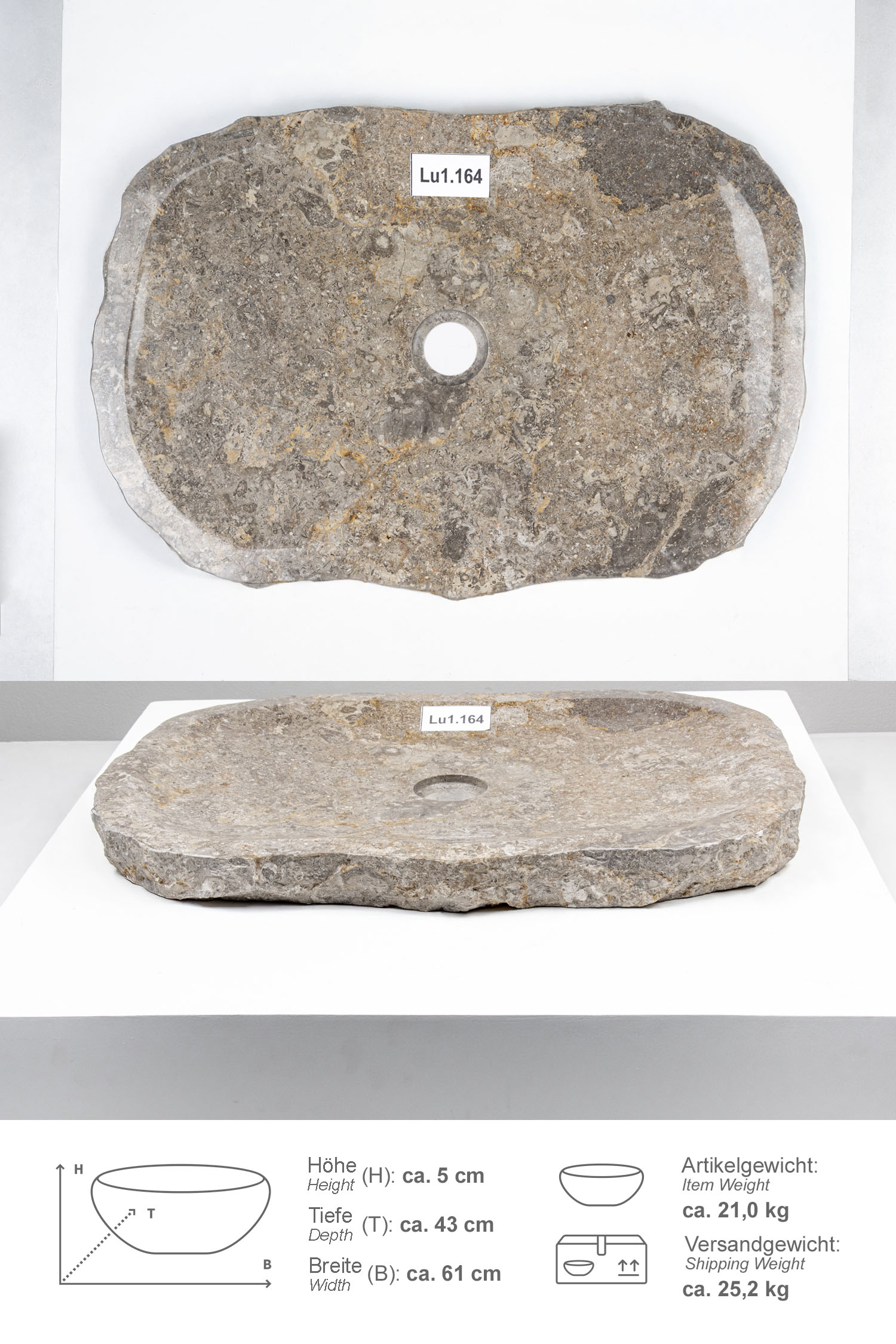 Erosi Marmor Waschbecken extraflach 60 cm grau Lu1.164