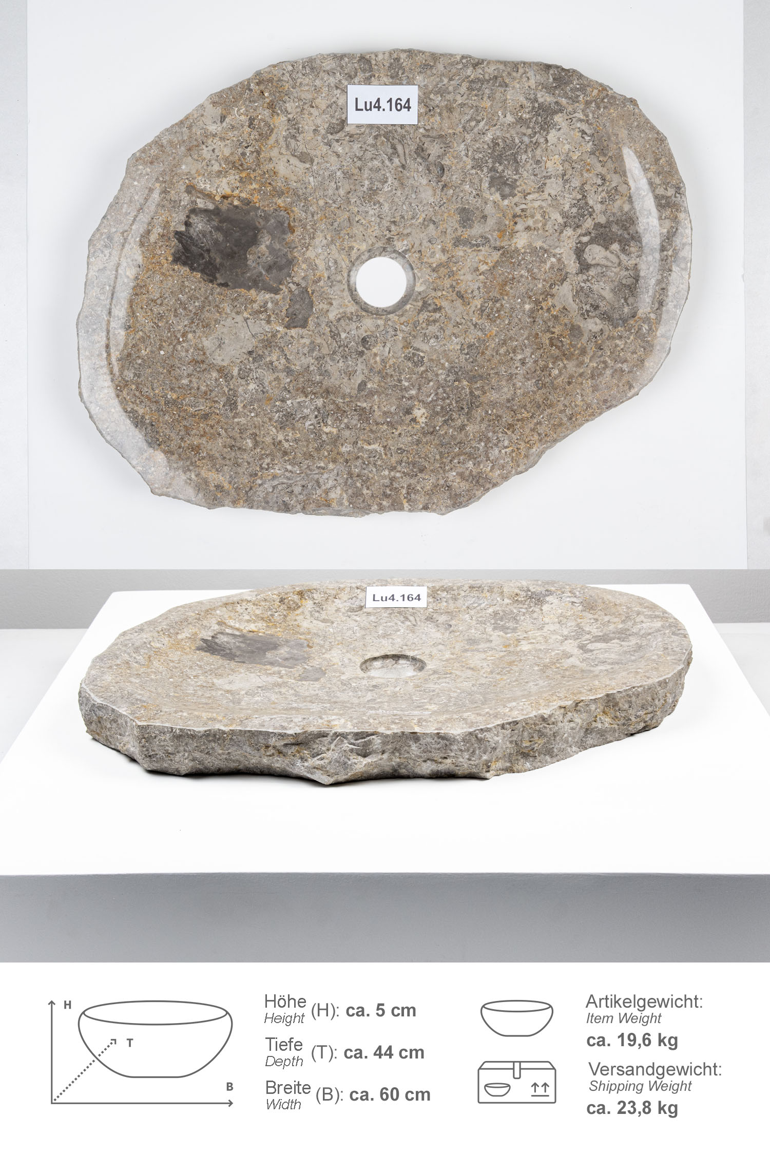 Erosi Marmor Waschbecken extraflach 60 cm grau
Lu4.164