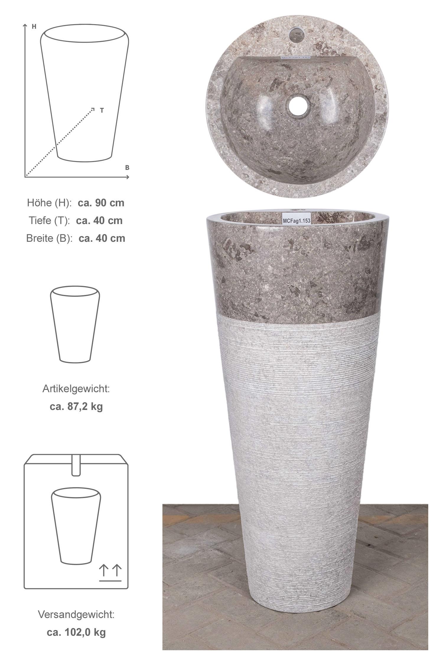 Marmor Waschtischsäule CN PEDESTAL 90 cm grau gehämmert mit Armaturloch MCFag1.153