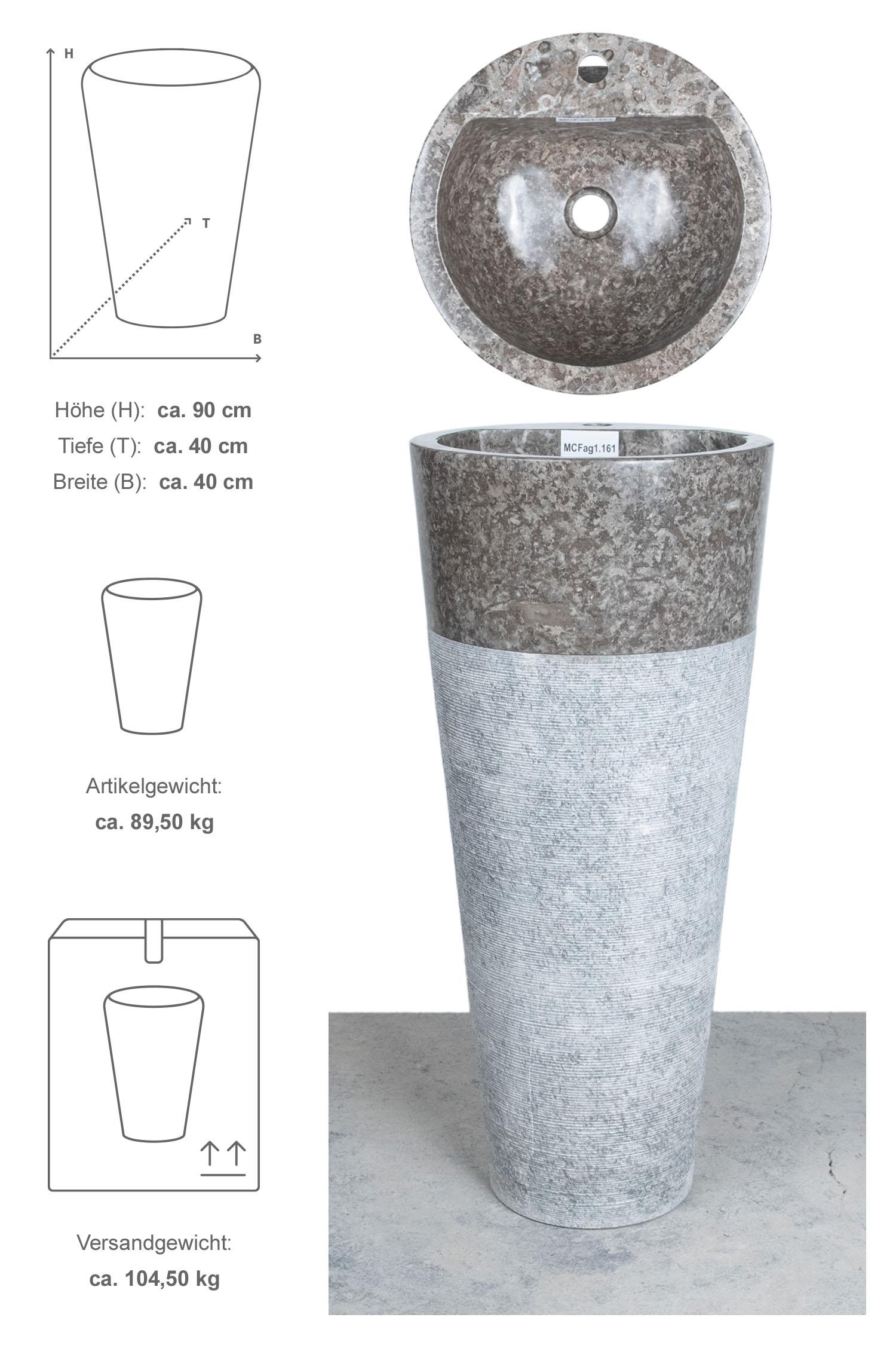 Marmor Waschtischsäule CN PEDESTAL 90 cm grau gehämmert mit Armaturloch MCFag1.161