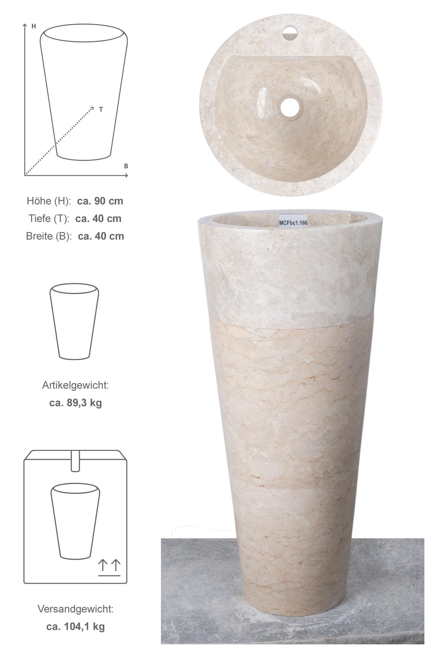 Marmor Standwaschbecken CN PEDESTAL 90 cm creme poliert mit Armaturloch MCFbc1.166