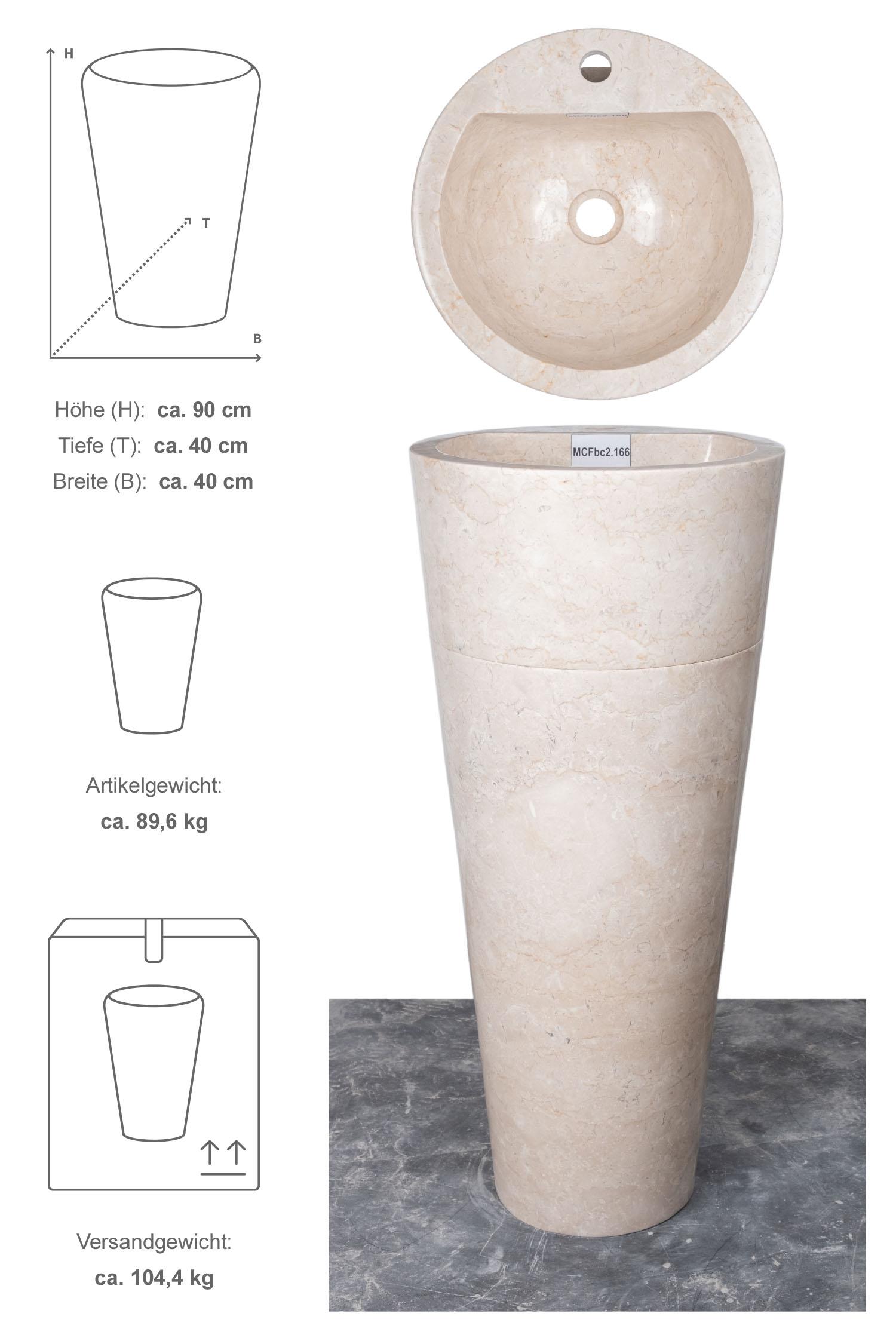 Marmor Standwaschbecken CN PEDESTAL 90 cm creme poliert mit Armaturloch MCFbc2.166