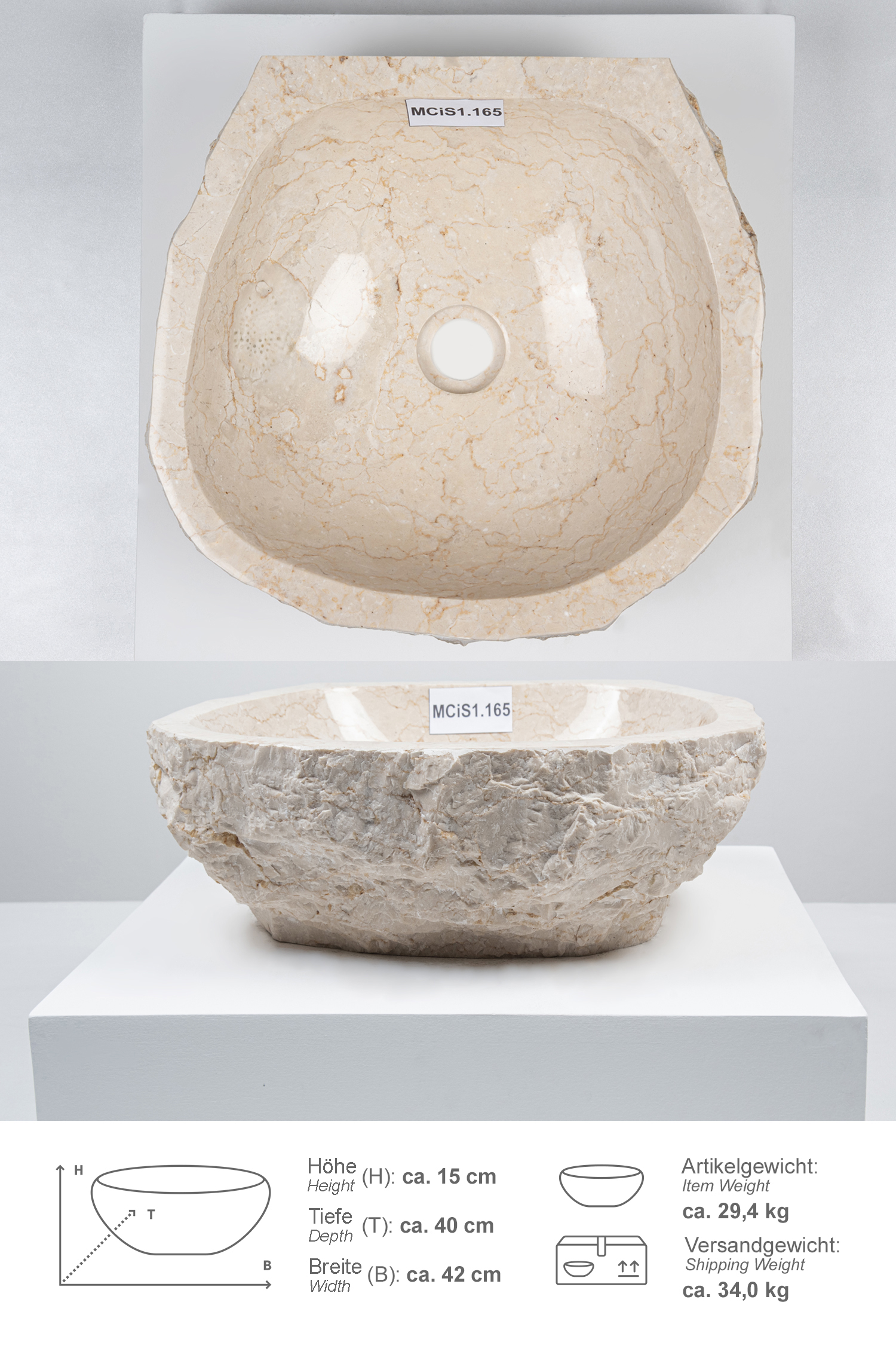 Erosi Marmor Waschbecken mit gerader Rückwand 40 cm creme
MCiS1.165