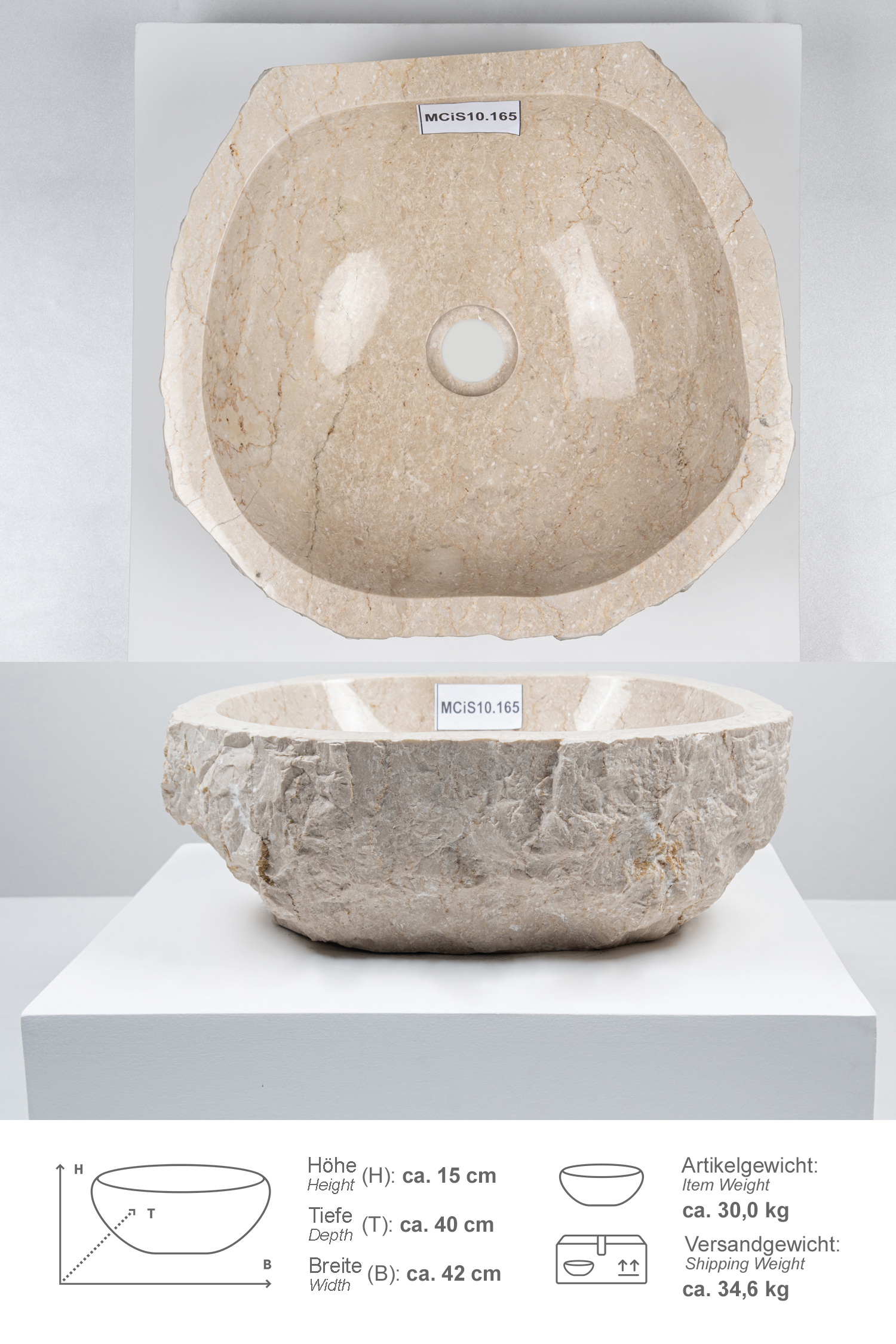 Erosi Marmor Waschbecken mit gerader Rückwand 40 cm creme
MCiS10.165