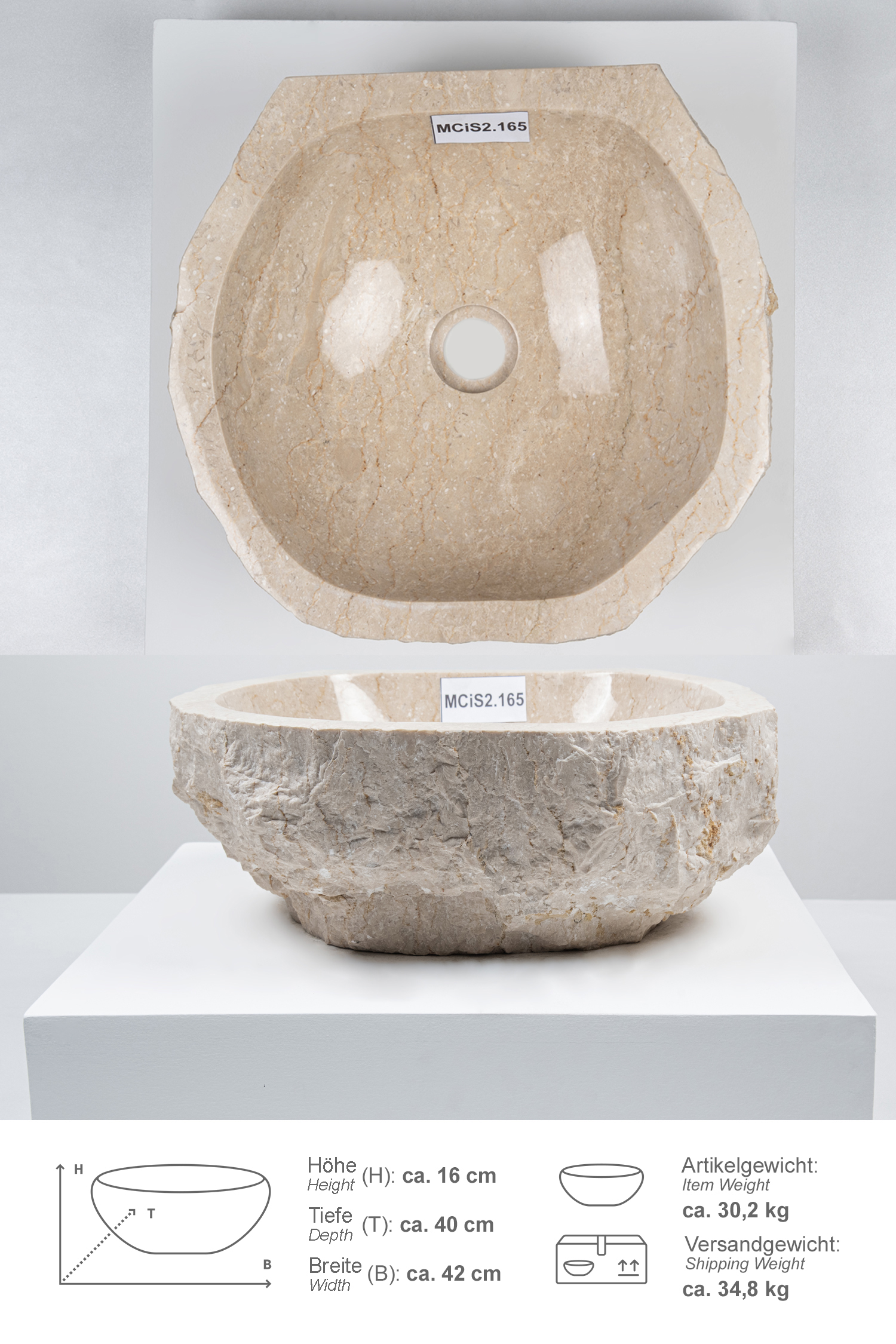 Erosi Marmor Waschbecken mit gerader Rückwand 40 cm creme
MCiS2.165