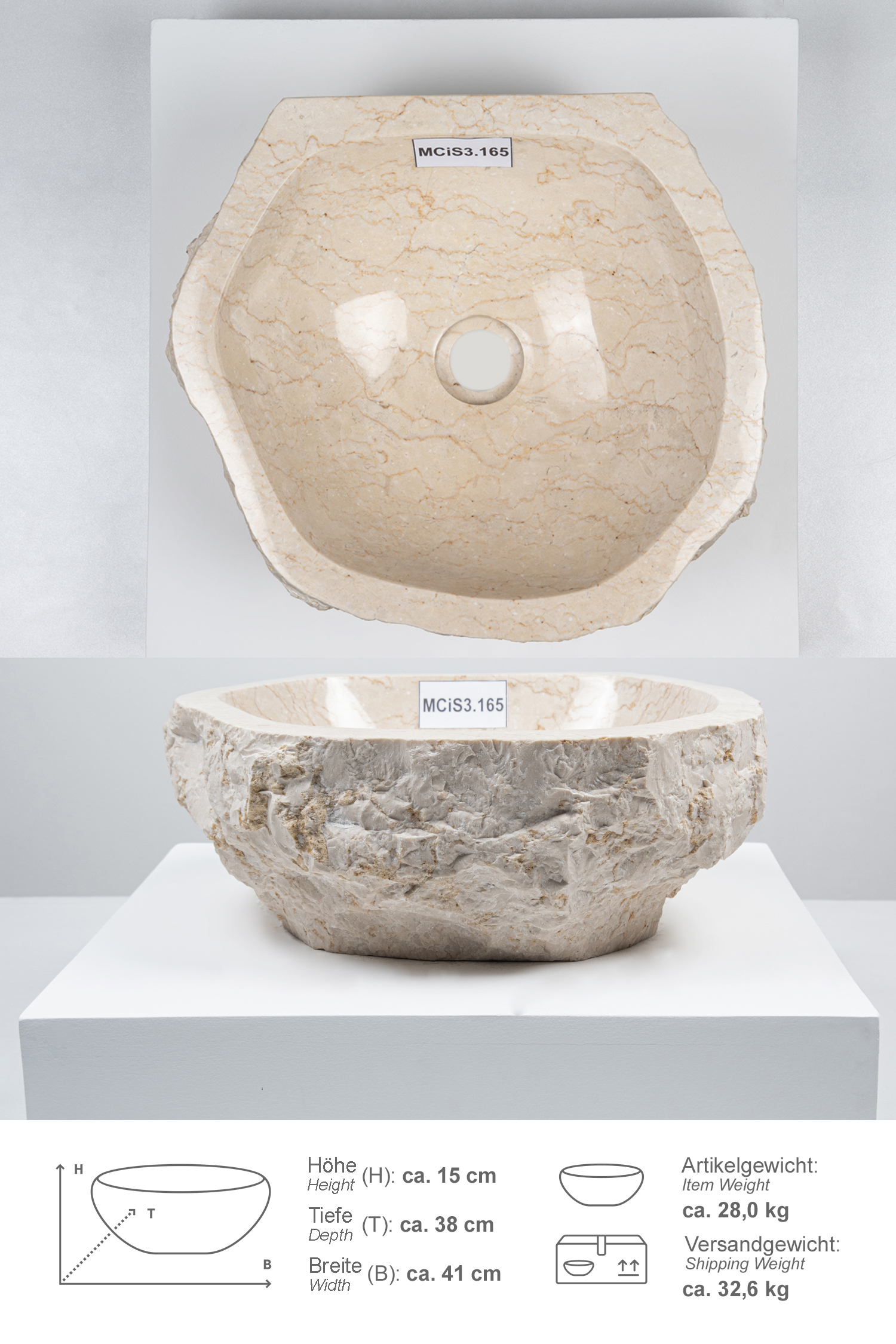 Erosi Marmor Waschbecken mit gerader Rückwand 40 cm creme
MCiS3.165