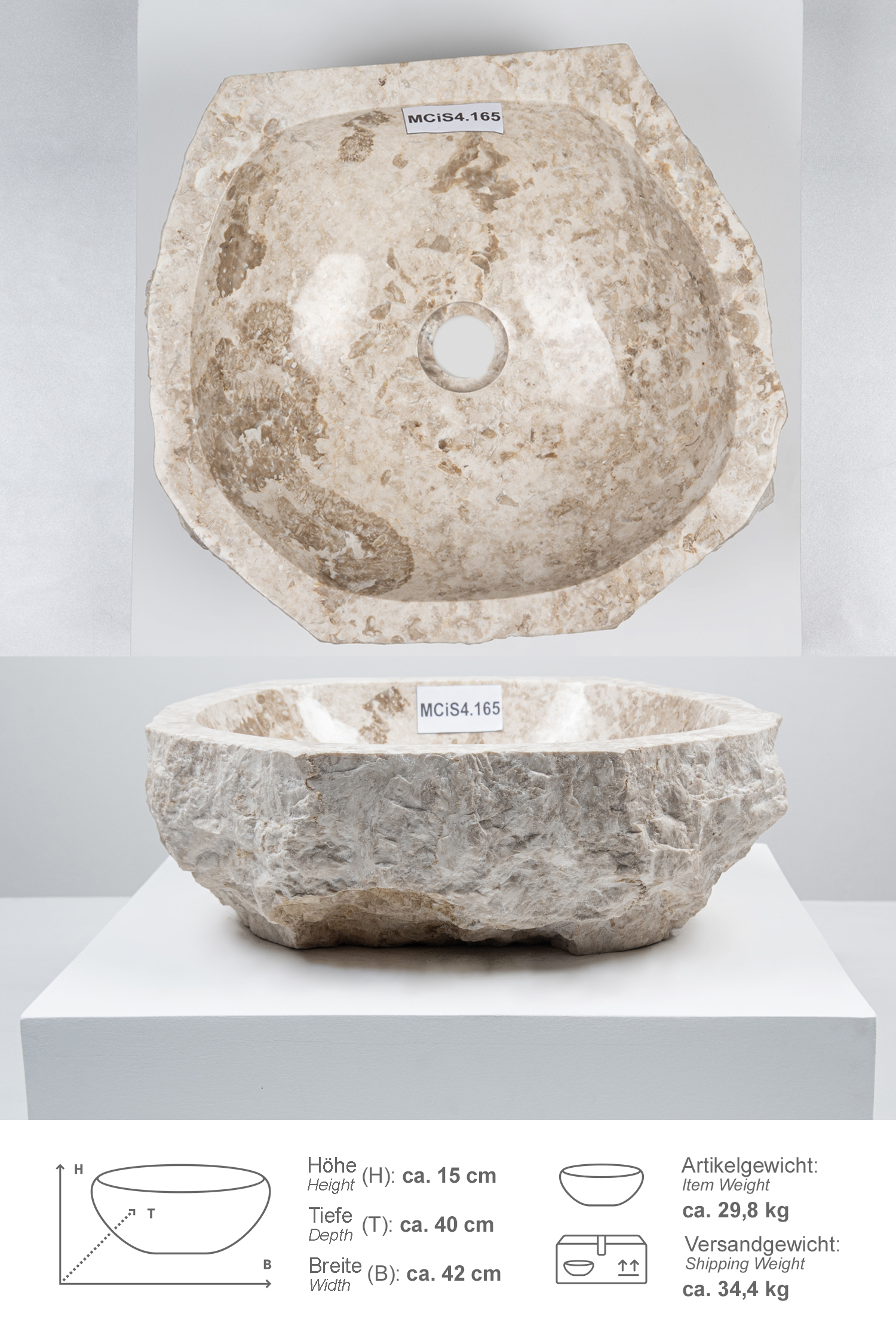 Erosi Marmor Waschbecken mit gerader Rückwand 40 cm creme
MCiS4.165
