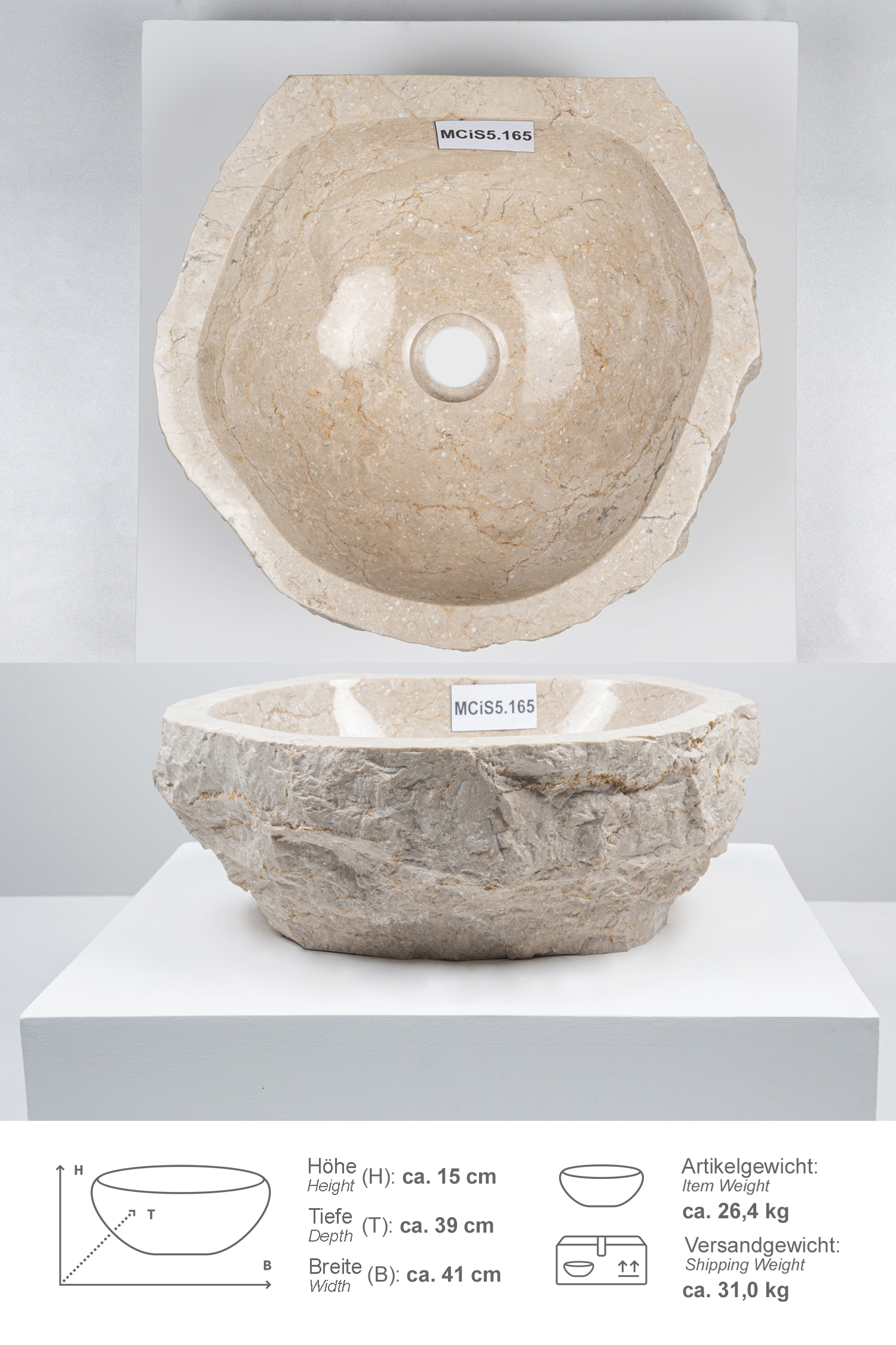 Erosi Marmor Waschbecken mit gerader Rückwand 40 cm creme
MCiS5.165