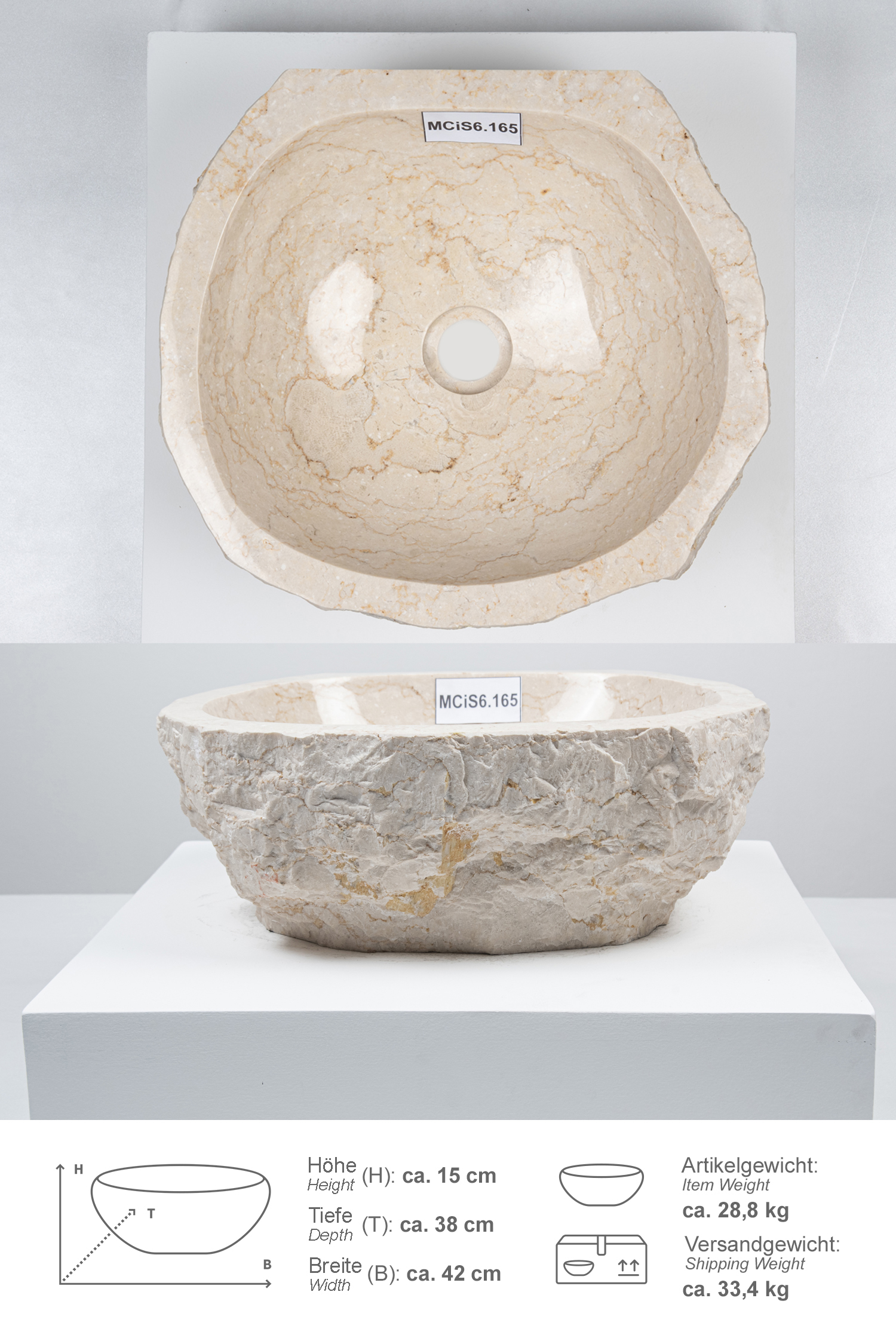 Erosi Marmor Waschbecken mit gerader Rückwand 40 cm creme
MCiS6.165