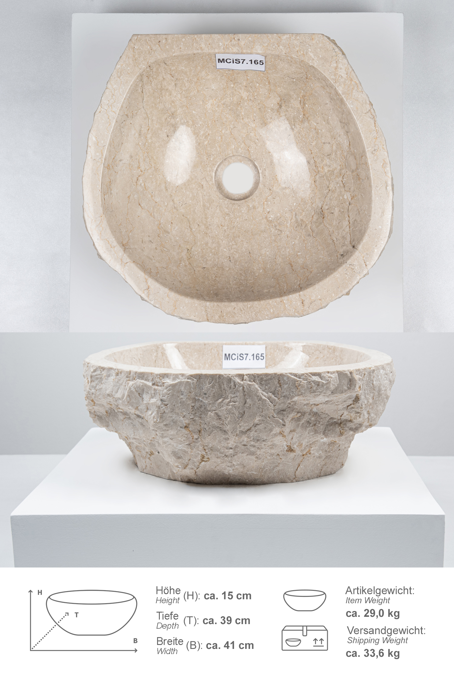 Erosi Marmor Waschbecken mit gerader Rückwand 40 cm creme
MCiS7.165
