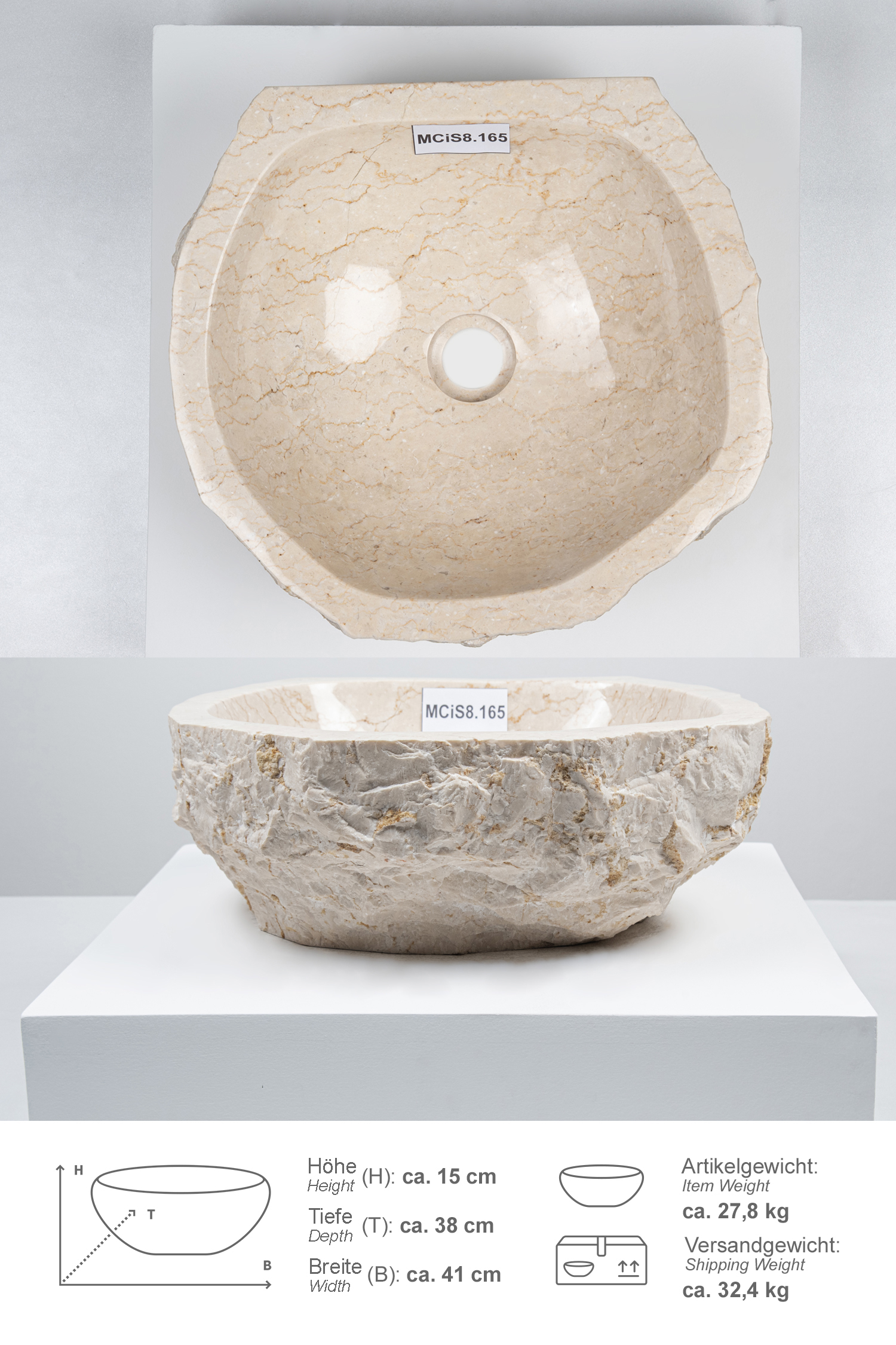 Erosi Marmor Waschbecken mit gerader Rückwand 40 cm creme
MCiS8.165