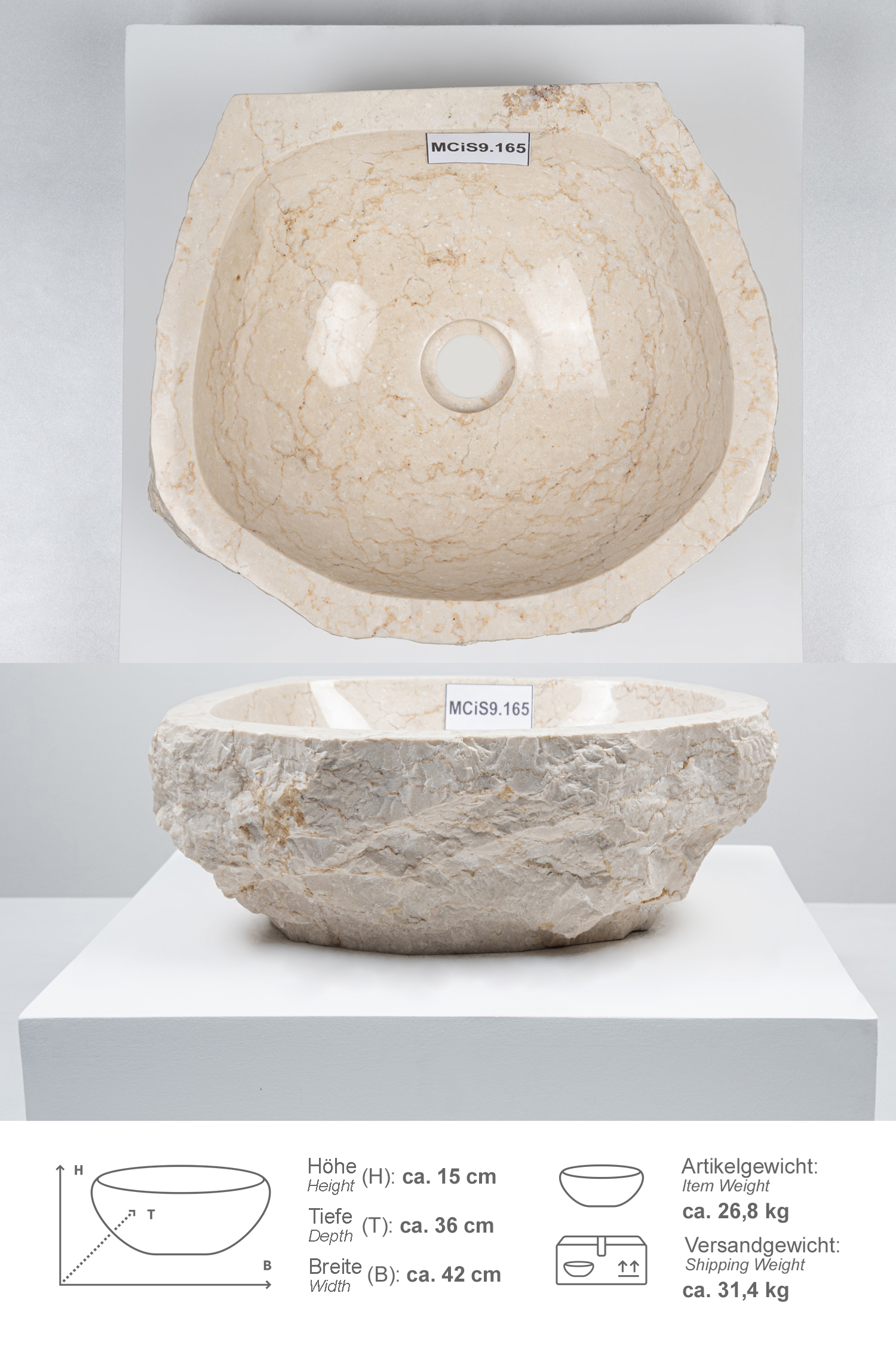 Erosi Marmor Waschbecken mit gerader Rückwand 40 cm creme
MCiS9.165