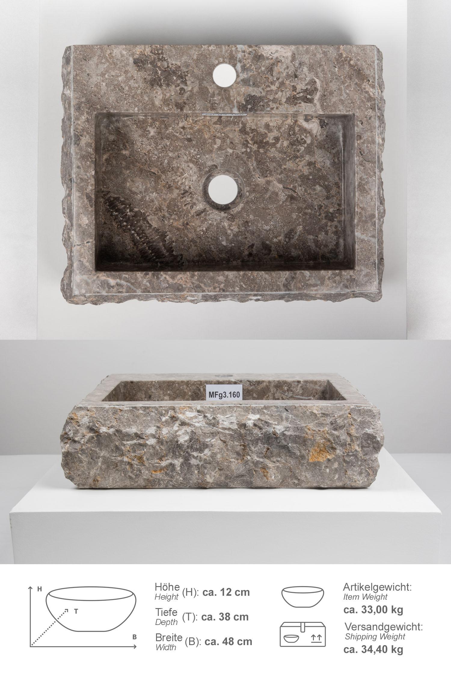 Marmor - Waschbecken MO 6 gehämmert- grau 48x38x12 cm MFg3.160