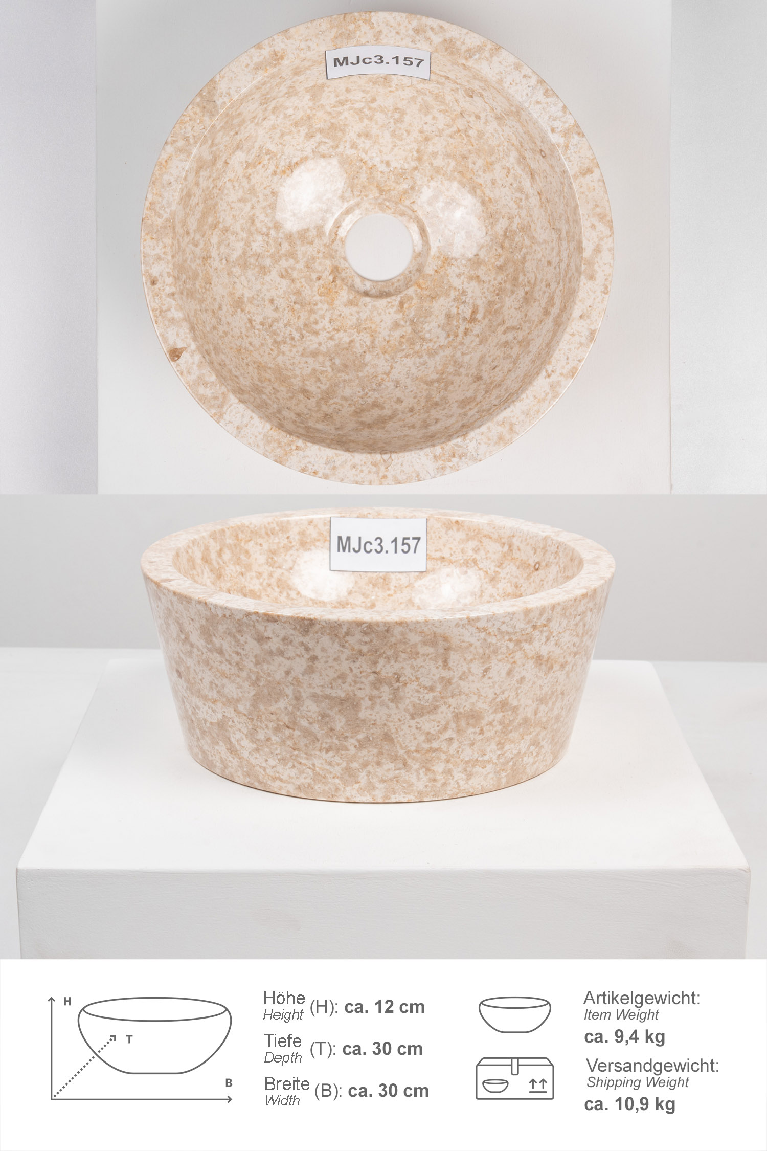 Marmor Naturstein Waschbecken MINIJAYA 30 cm creme rund
MJc3.157