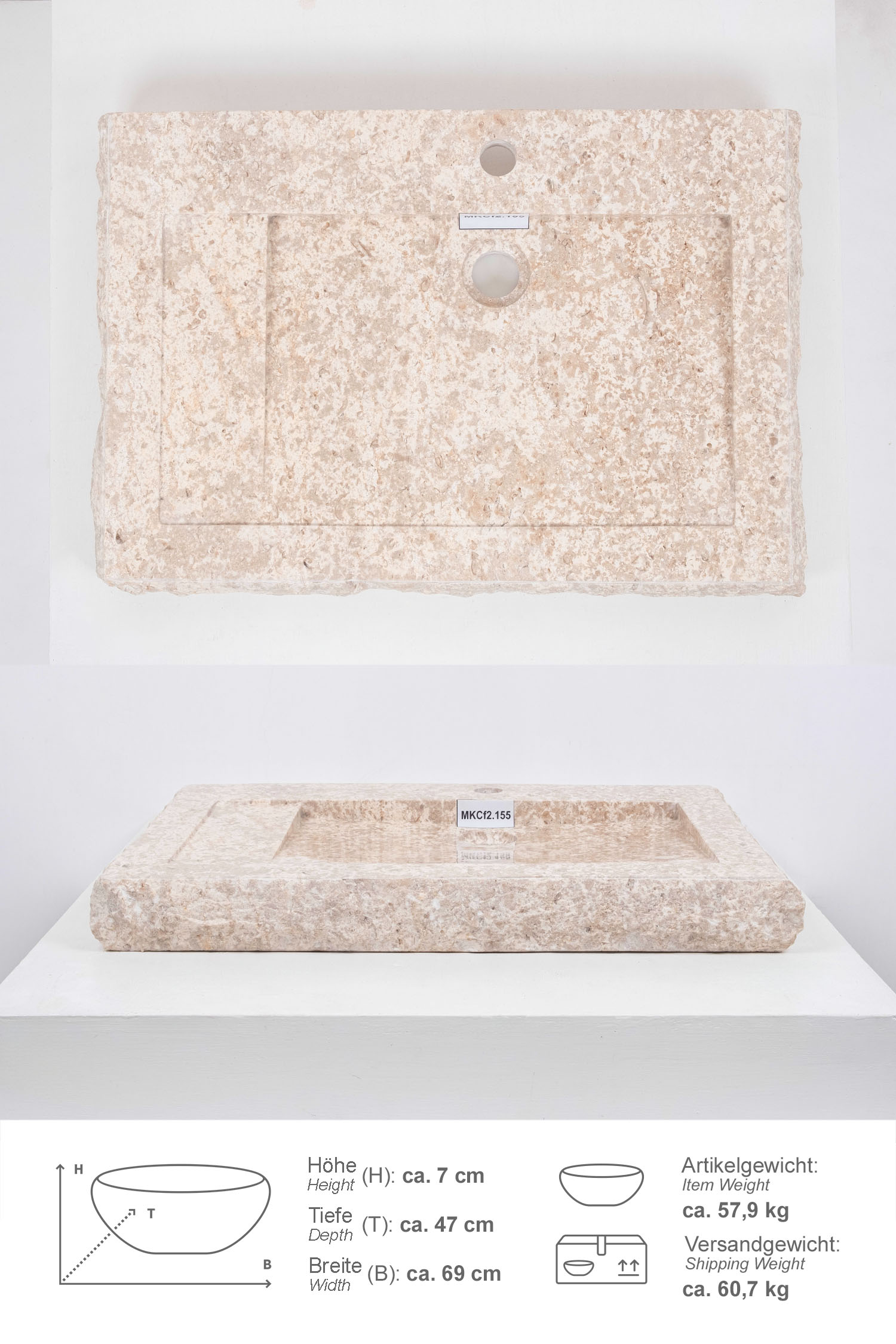 Marmor - Waschbecken Kotak 70 cm creme mit Armaturenloch
MKCf2.155