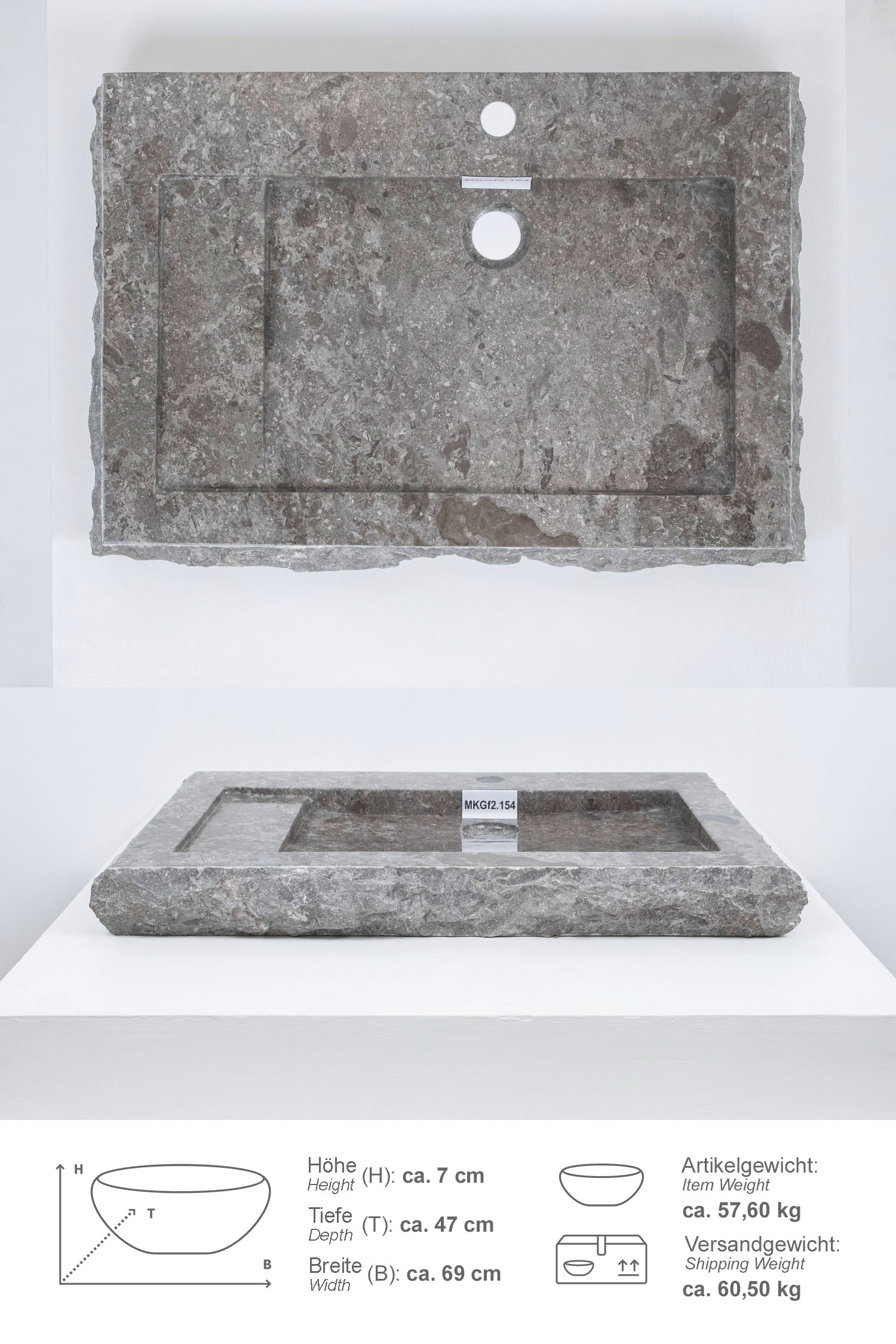 Marmor Waschbecken KOTAK 70 cm grau flach Armaturenloch MKGf2.154