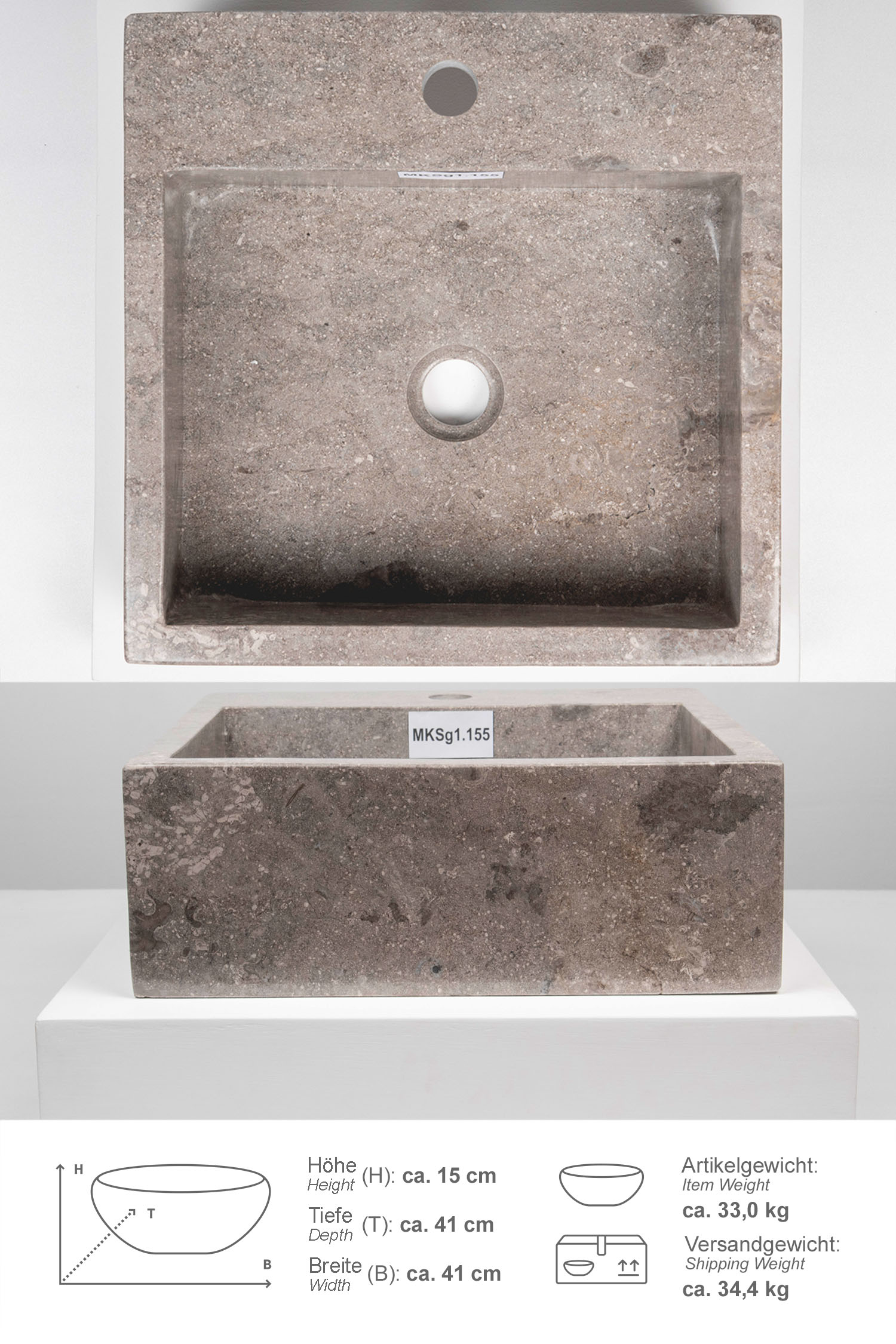 Marmor Waschbecken KAJA 40 cm grau eckig mit Armaturloch MKSg1.155