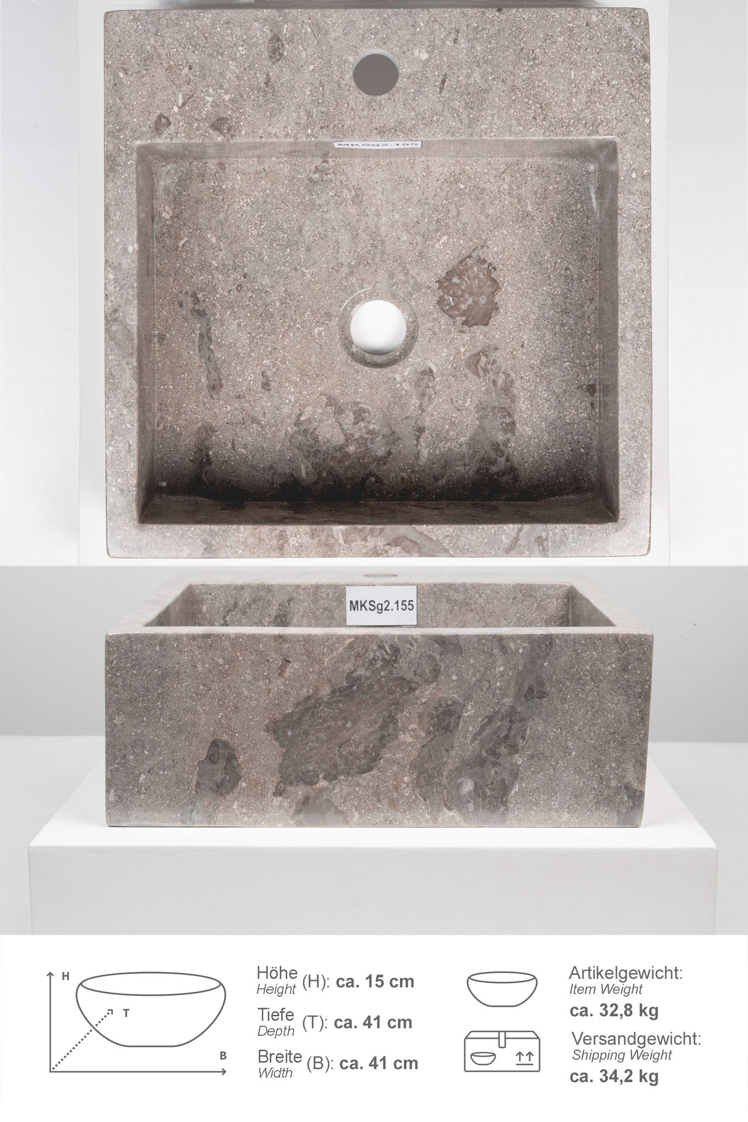 Marmor Waschbecken KAJA 40 cm grau eckig mit Armaturloch
MKSg2.155