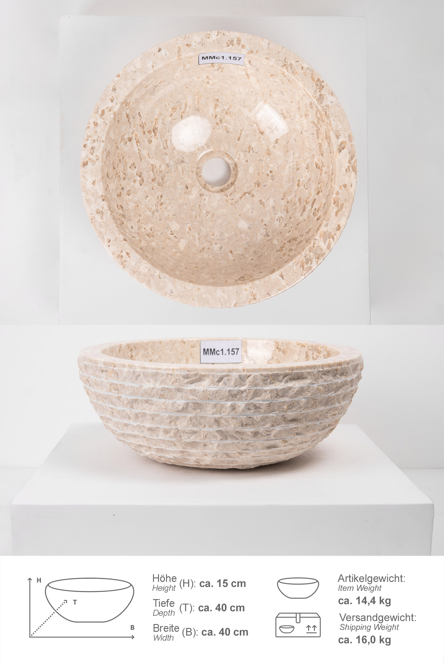 Marmor Waschbecken BASCOM ROWFISH 40 cm creme rund MMc1.157