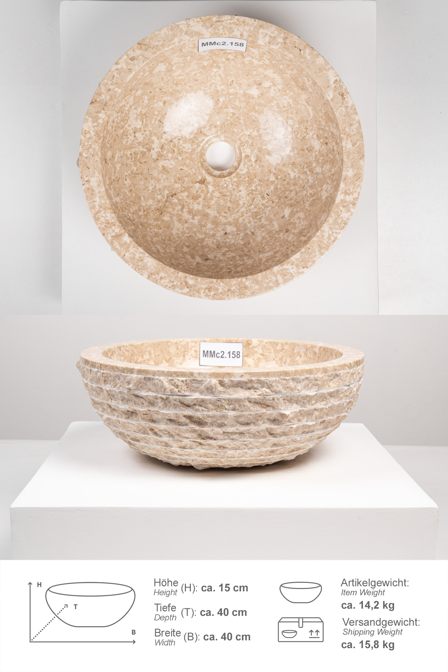 Marmor Waschbecken BASCOM ROWFISH 40 cm creme rund
MMc2.158