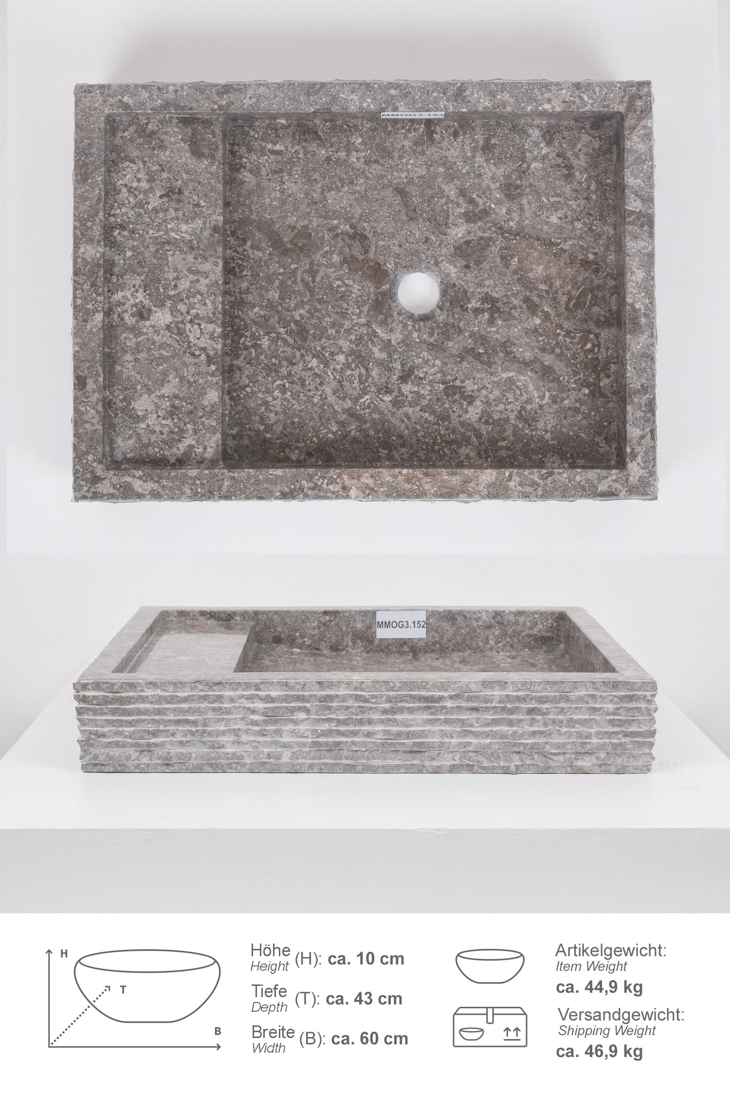 Marmor Waschbecken 60 cm grau eckig
MMOG3.152