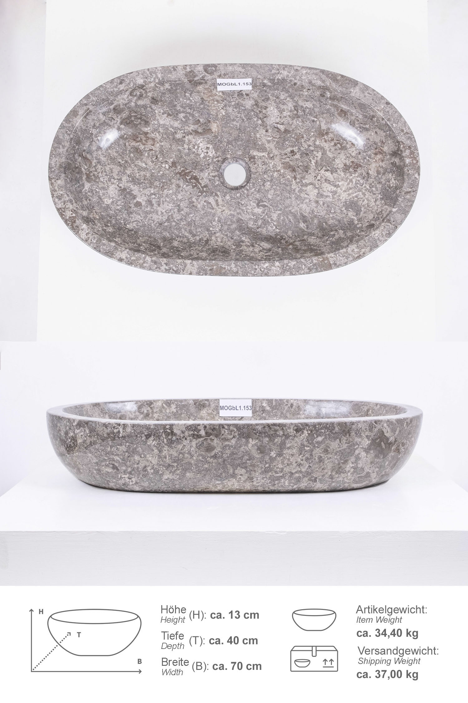 Marmor Waschbecken MARA 70 cm grau oval poliert
MOGbL1.153