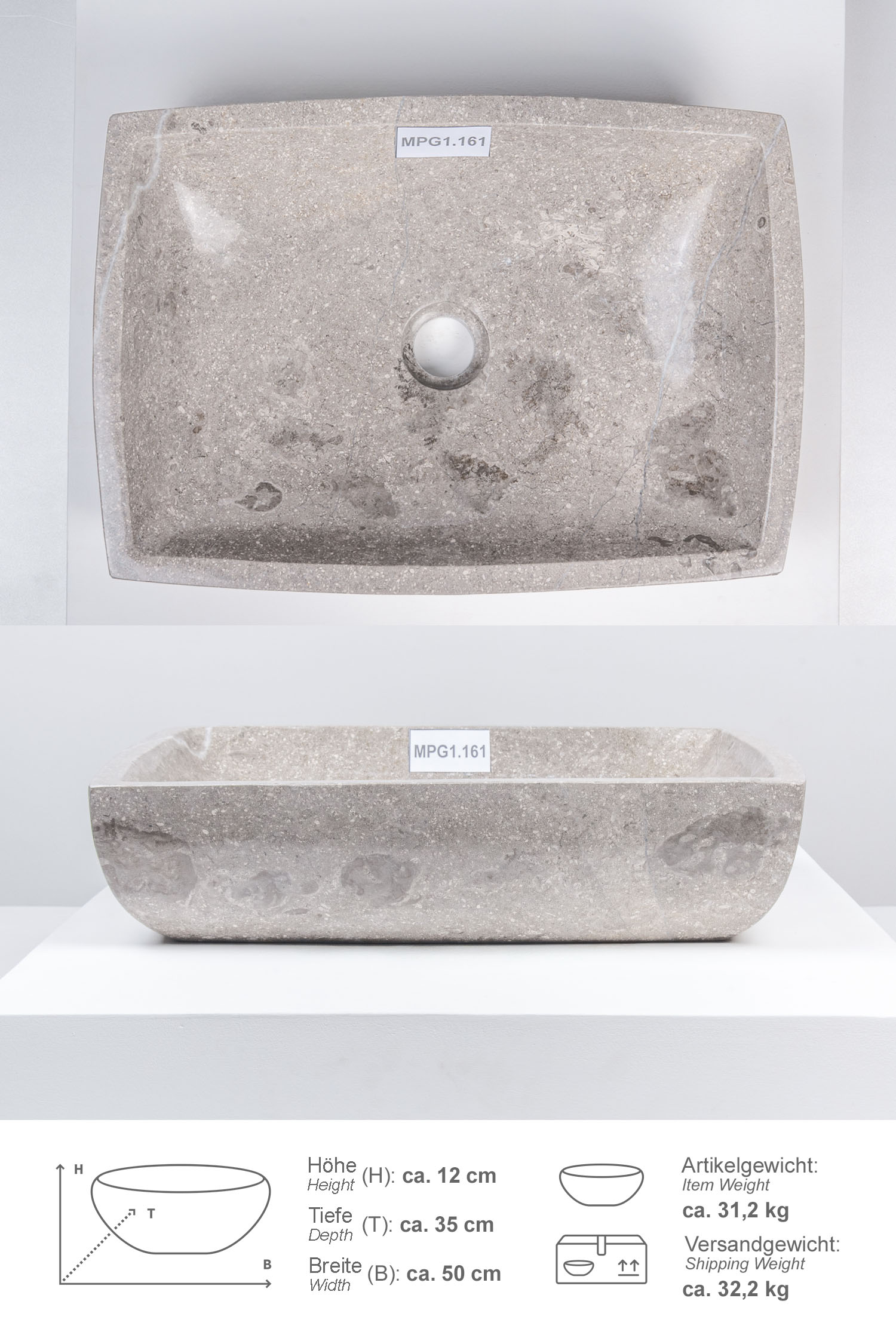 Marmor Waschbecken MARA 50 cm grau rechteckig MPG1.161