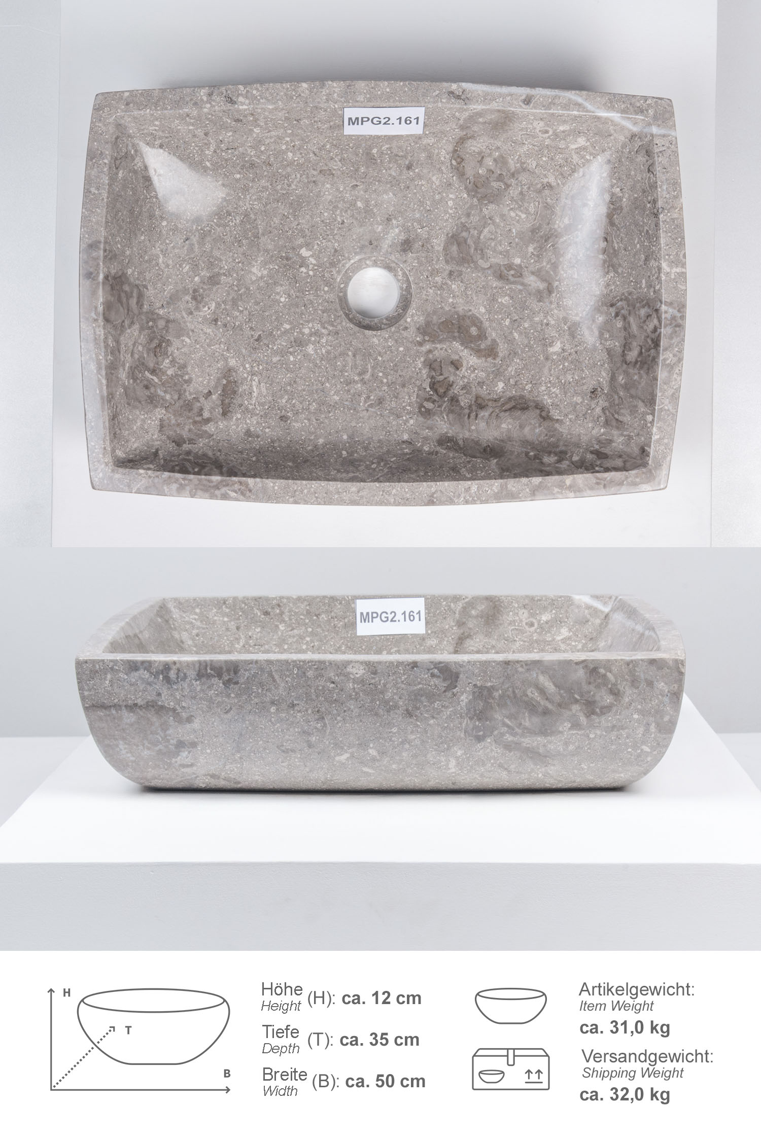 Marmor Waschbecken MARA 50 cm grau rechteckig
MPG2.161
