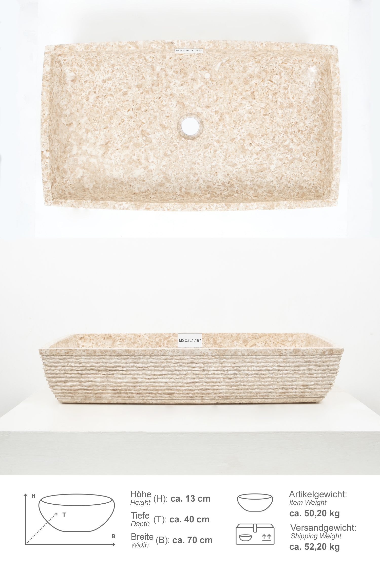 Marmor Waschbecken MARA 70 cm creme eckig gehämmert
MSCaL1.167