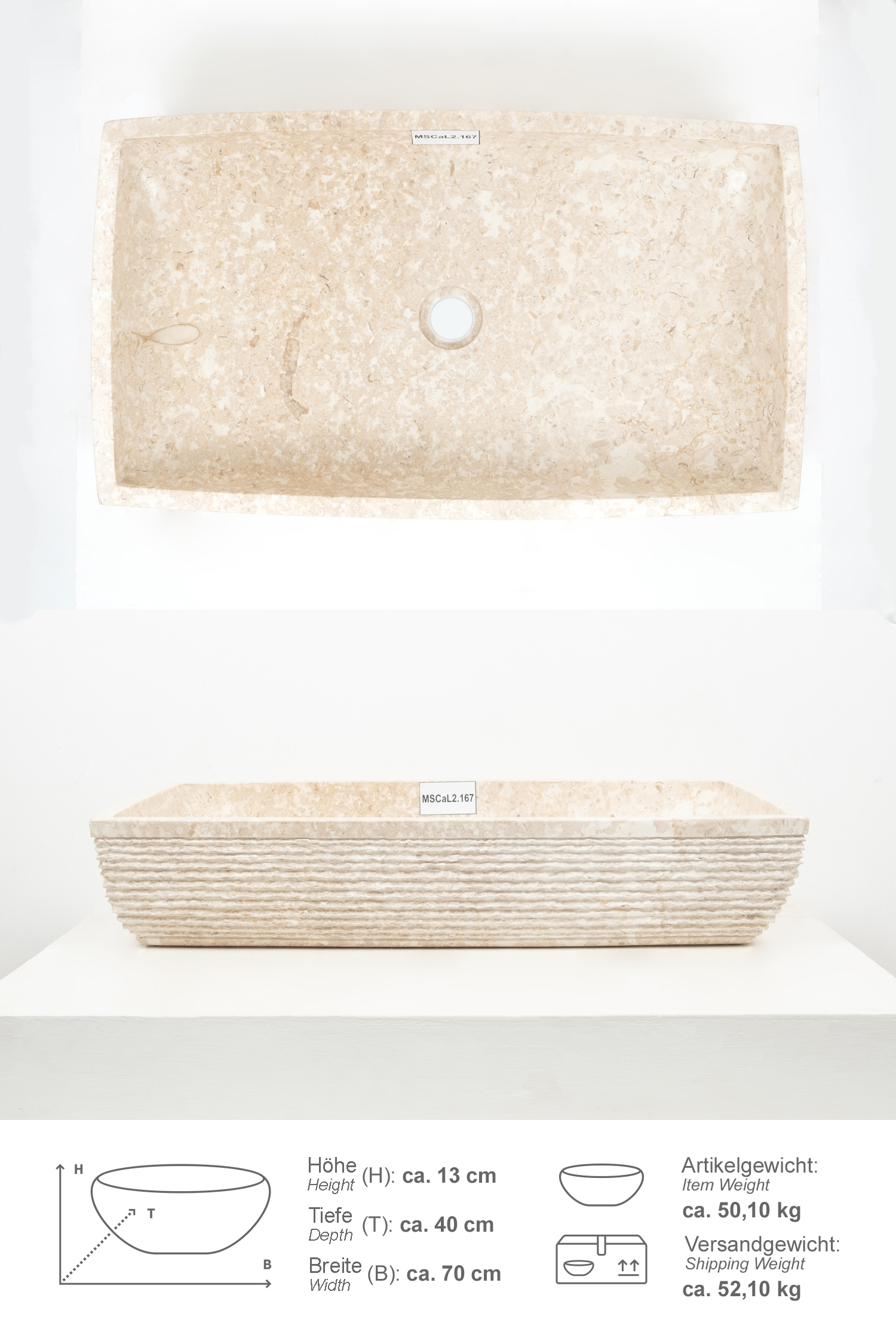 Marmor Waschbecken MARA 70 cm creme eckig gehämmert
MSCaL2.167
